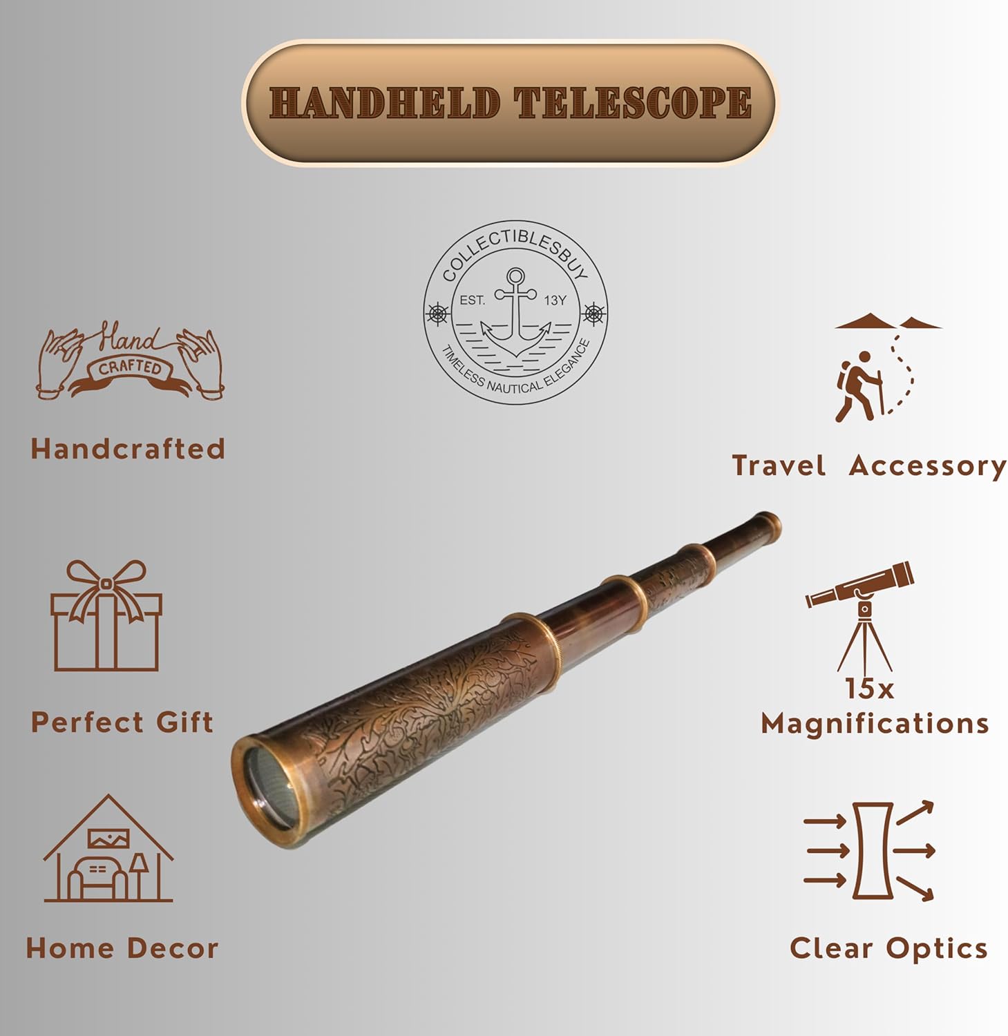 Vintage Brass Spyglass Telescope Handheld Marine Pirate Scope, Clear Vision, Functional Antique Decor for Home, Office & Outdoor Adventure