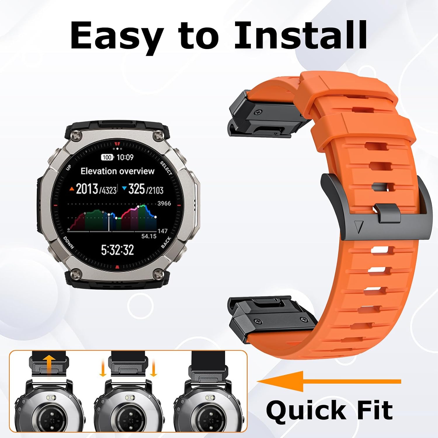Soft Fluororubber Watch Band Compatible For Amazfit T-Rex Ultra 2, Quick Fit Watch Strap, Soft Waterproof Breathable Rubber Sport Wristband
