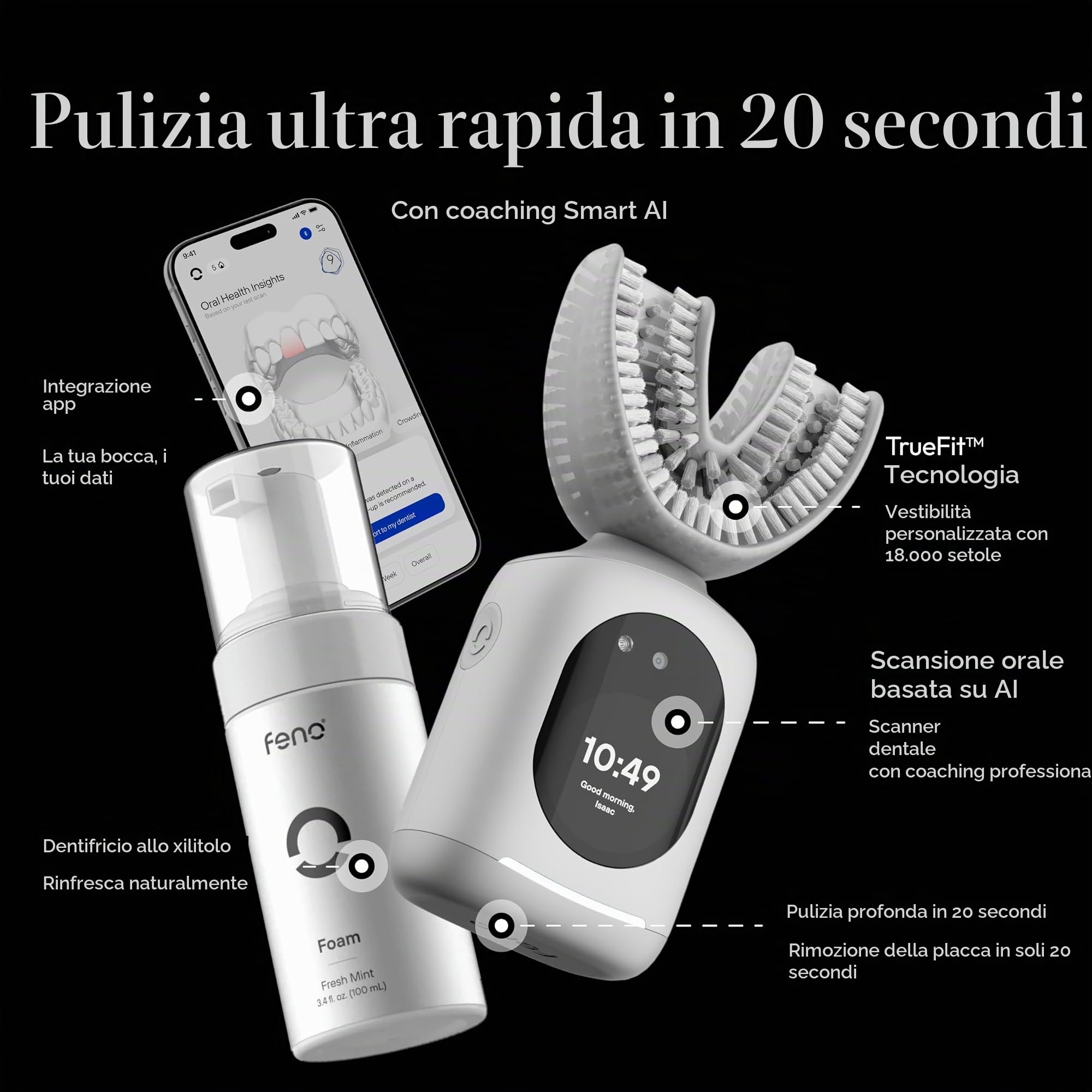 Feno Smartbrush Founders Edition Plus - Spazzolino elettrico alimentato dall'intelligenza artificiale con bocchino personalizzato, dentifricio in schiuma (3 tubi), raschietto per lingua e abbonamento
