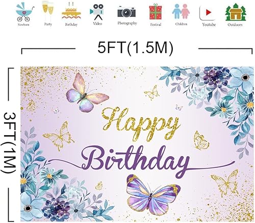 Miniatura 5 de Telón de fondo de mariposa de 6 x 4 pies, diseño de mariposas moradas, besos y deseos de cumpleaños, mariposas azules, flores doradas, fondo de