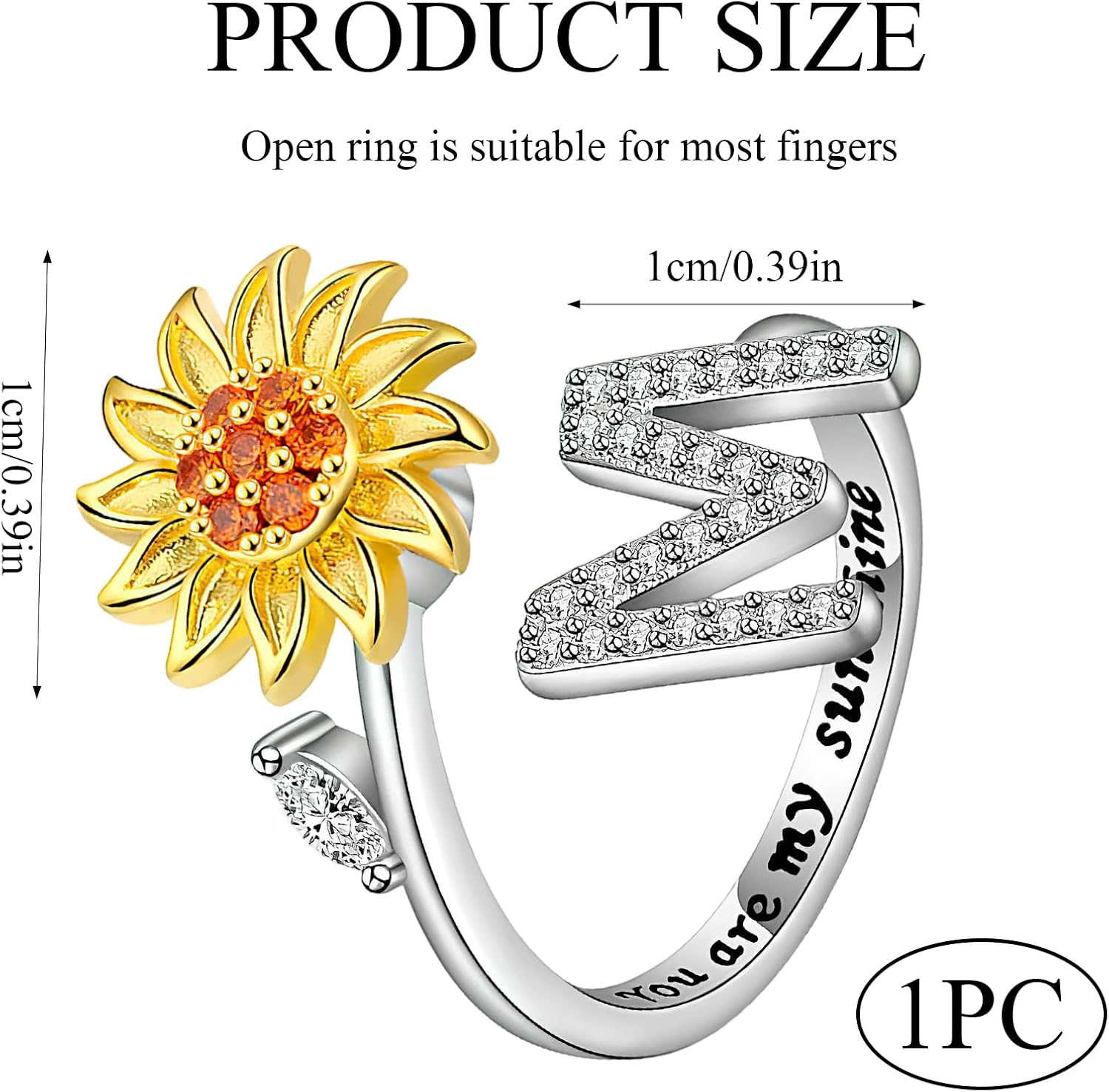 Anxiety Rings for Women,Fidget Ring Women with Adjustable Spinner Open Rings,Sunflower Initial Ring with Stress Relieving,Sunflower Gifts for Womens Valentine's Day and Birthday(Letter M) - Image 2