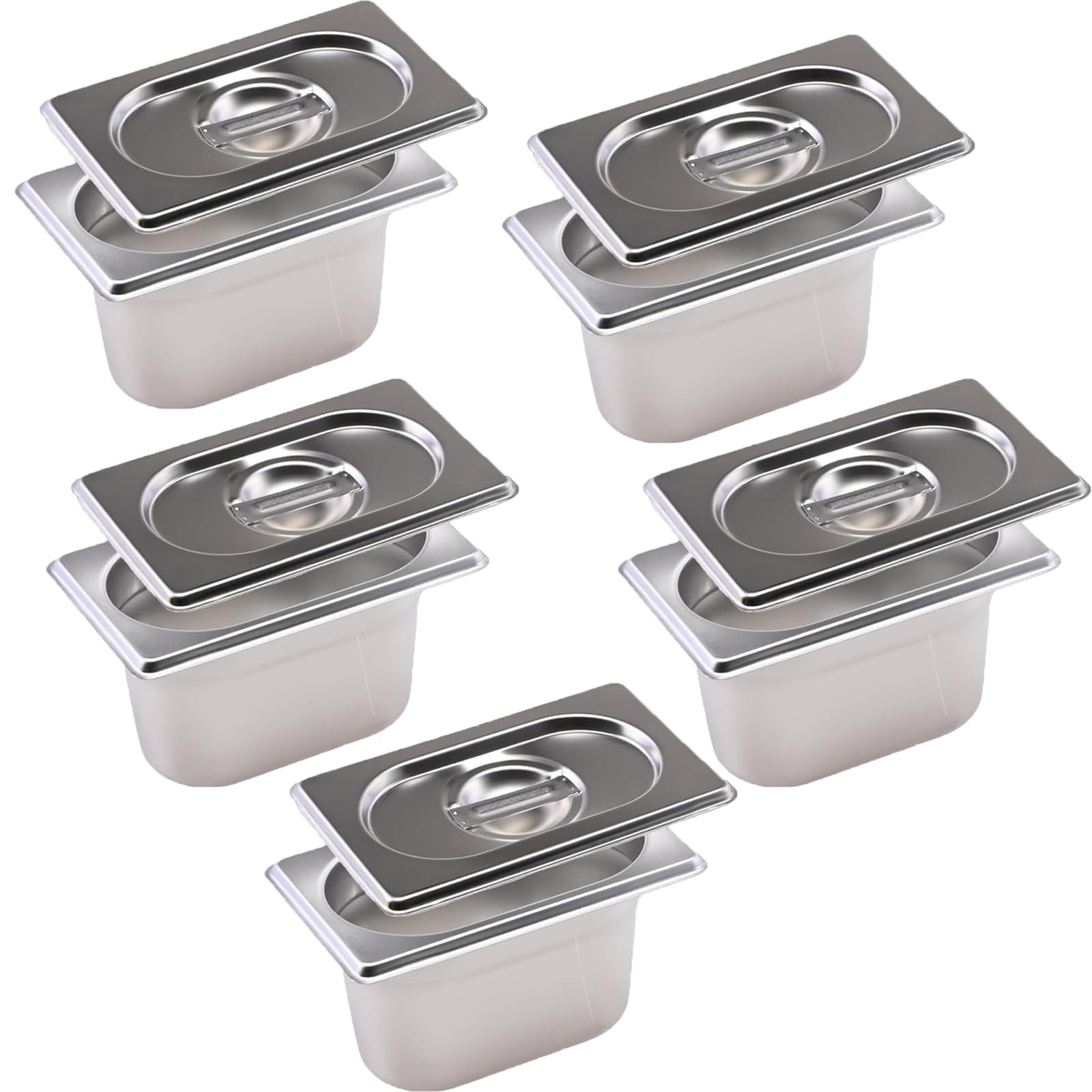 5 contenitori in acciaio inox 1/9 con coperchio, 100 mm di altezza, contenitore per alimenti in acciaio inox, resistente al calore, 17,5 x 11 x 10 cm