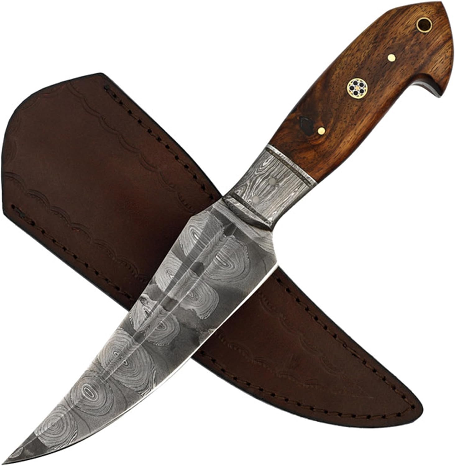 Armory Replicas™ - Full Tang Damascus Steel Hunting Knife - Trailing Point Blade, Wooden Handle & Leather Sheath | Ideal for Medium to Large Game | Outdoor, Survival, and Camping Gear