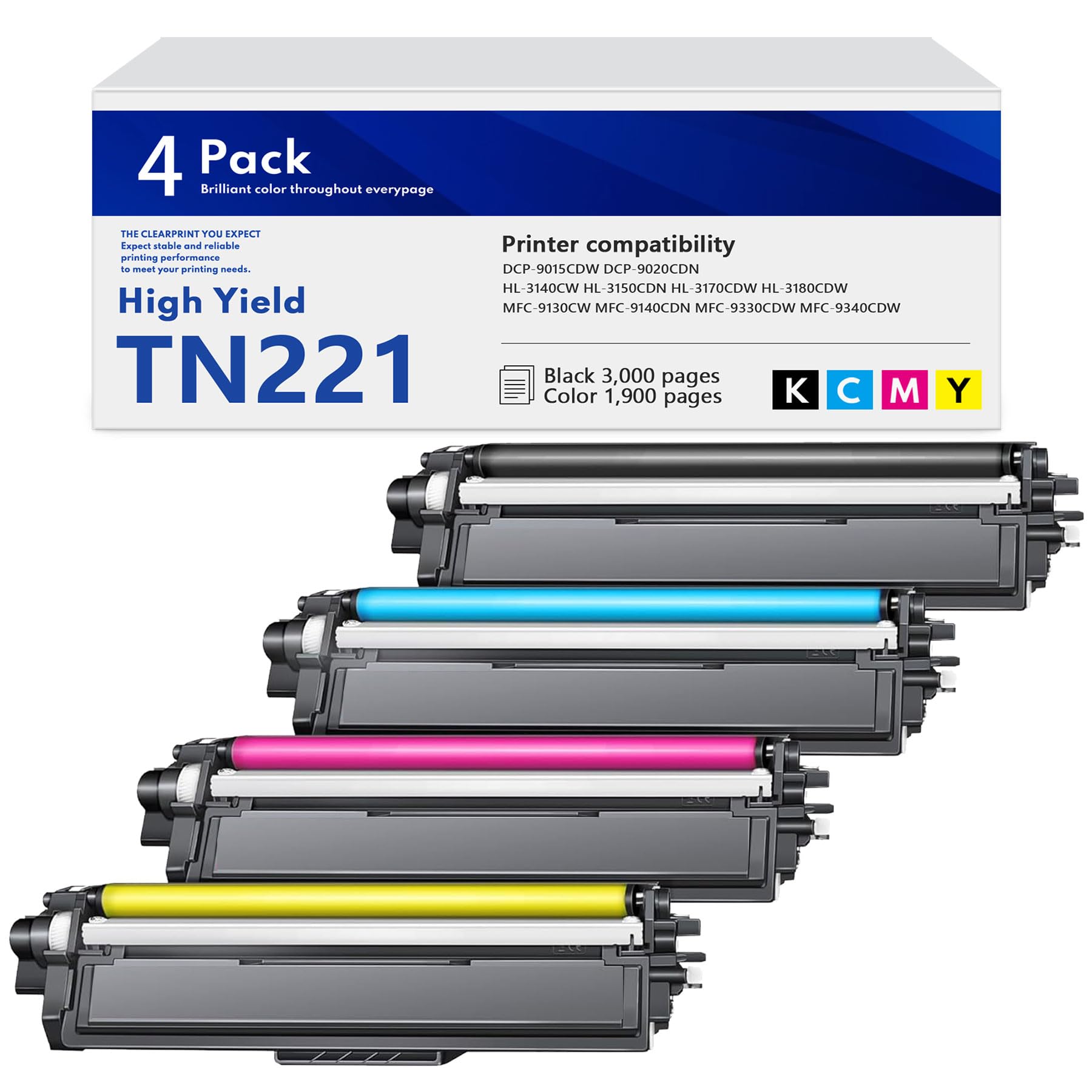 TN-221 Toner Cartridges 4 Pack TN221BK TN221C TN221M TN221Y Replacement for Brother TN225 TN221 4-Color Toner Cartridge Set Works with MFC-9340CDW MFC
