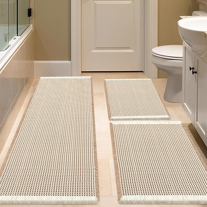 IM HOME Waffle Bath Mat Set 3 Piece Olive Green,Woven Modern Bath Rug Mats, Absorbent Non Slip Bath Floor Mat, Soft Washable Boho Bath Rugs with Tassels for Bathroom, Bedroom, Kitchen,Tub