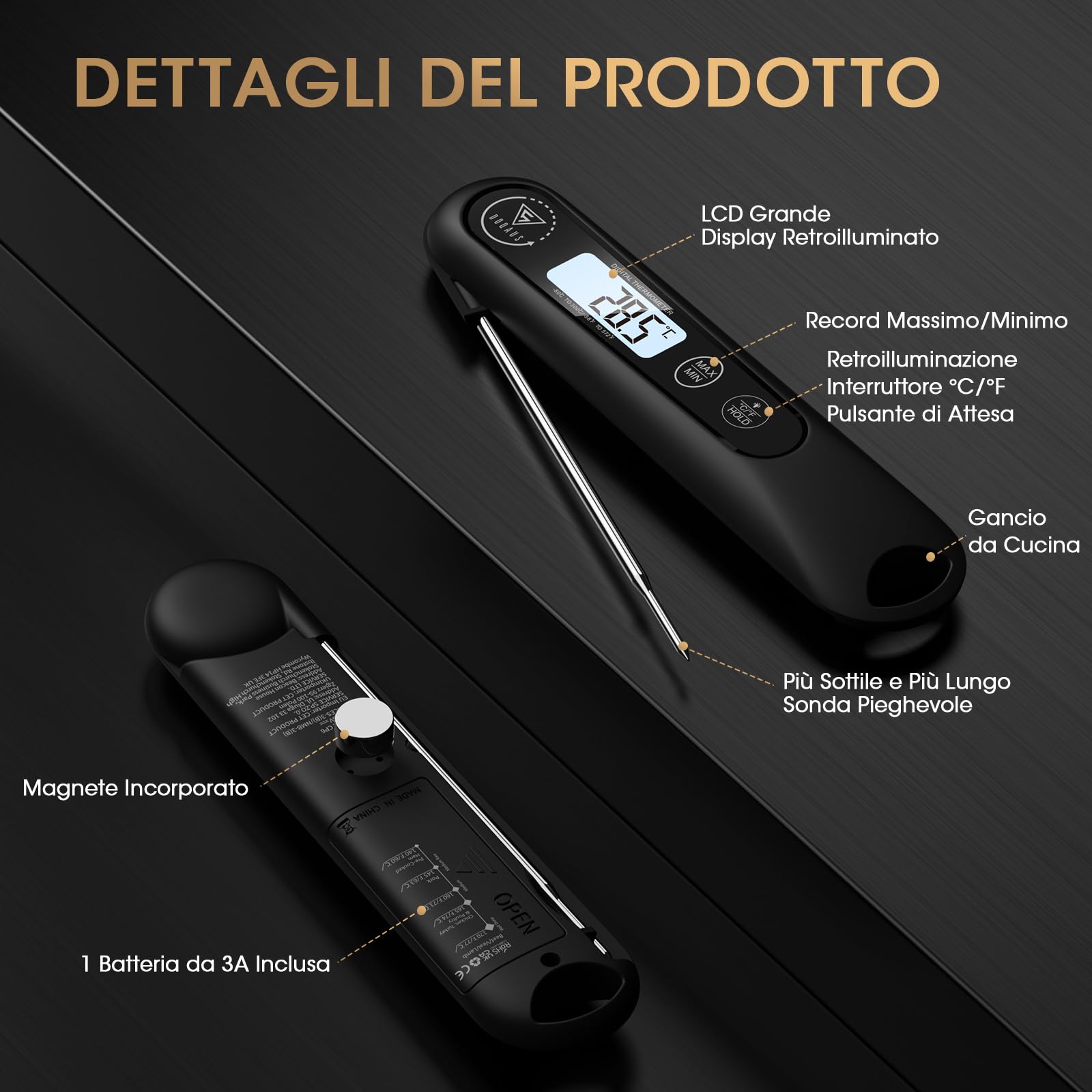 DOQAUS Termometro da Cucina Digitale, Lettura Istantanea con Sonda Pieghevole, per Carne Barbecue Alimenti