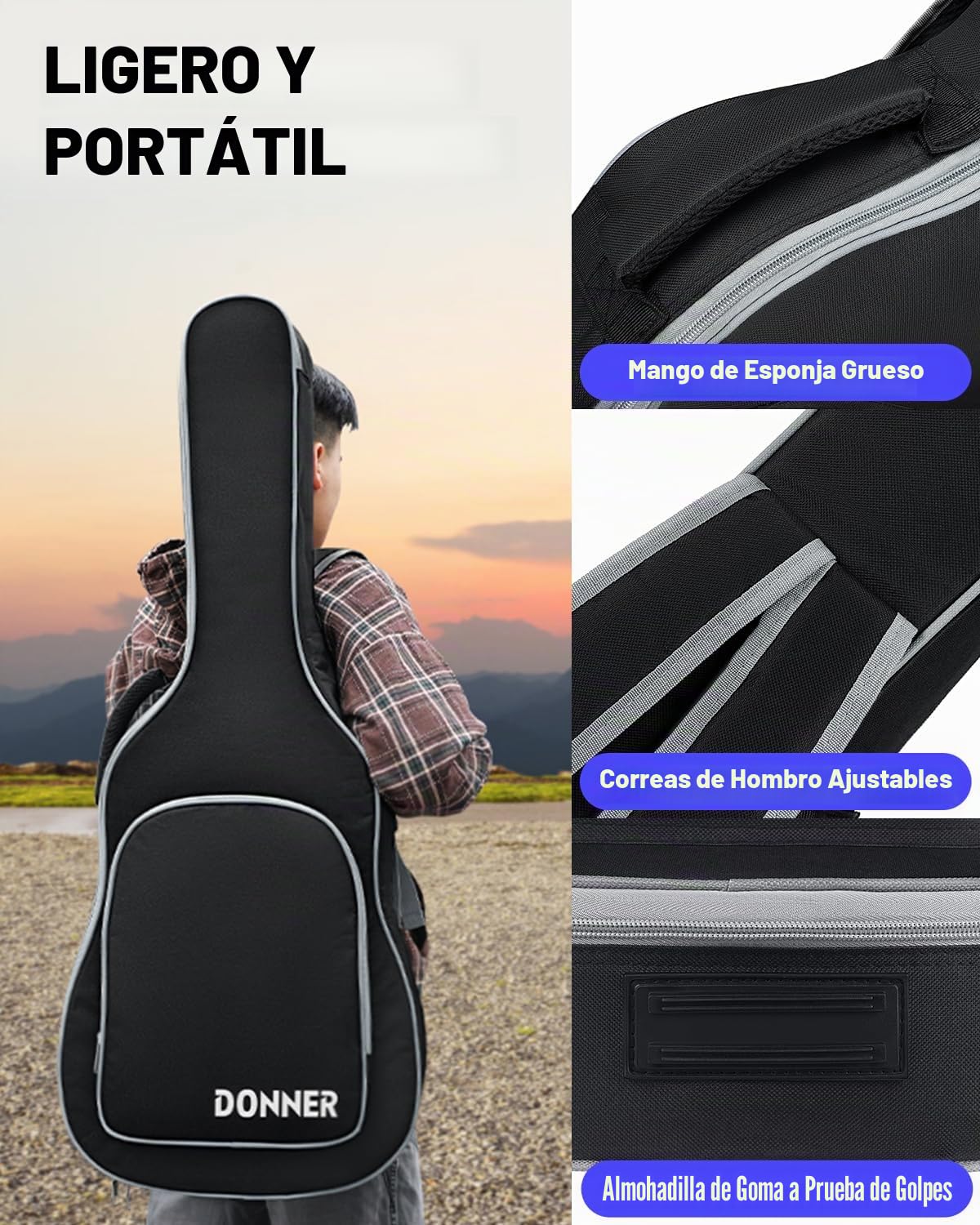 Donner Funda para Guitarra Eléctrica 39", Bolsa Mochila Acolchada 5mm, Correas Ajustables, Interior Resistente al Agua con Esponja y Bolsillo
