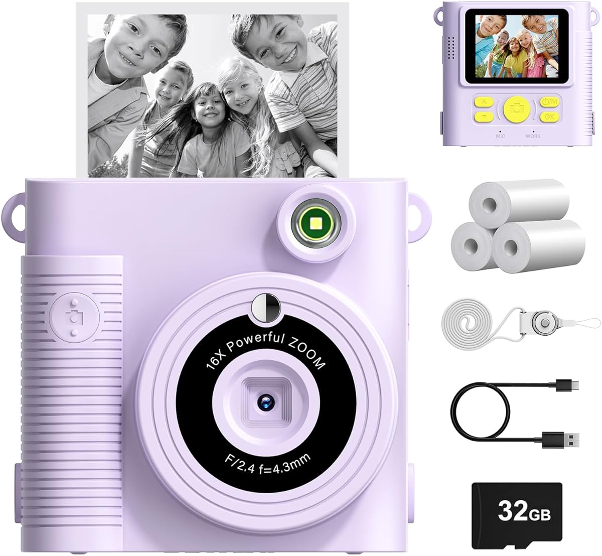 Kinderkamera, 2,4 Zoll Sofortbildkamera, 1080P HD Kamera fotokamera mit 32 GB Karte und 3 Rollen Druckfotopapier, Kamera Kinder für 3–12 Jahre alte Jungen und Mädchen