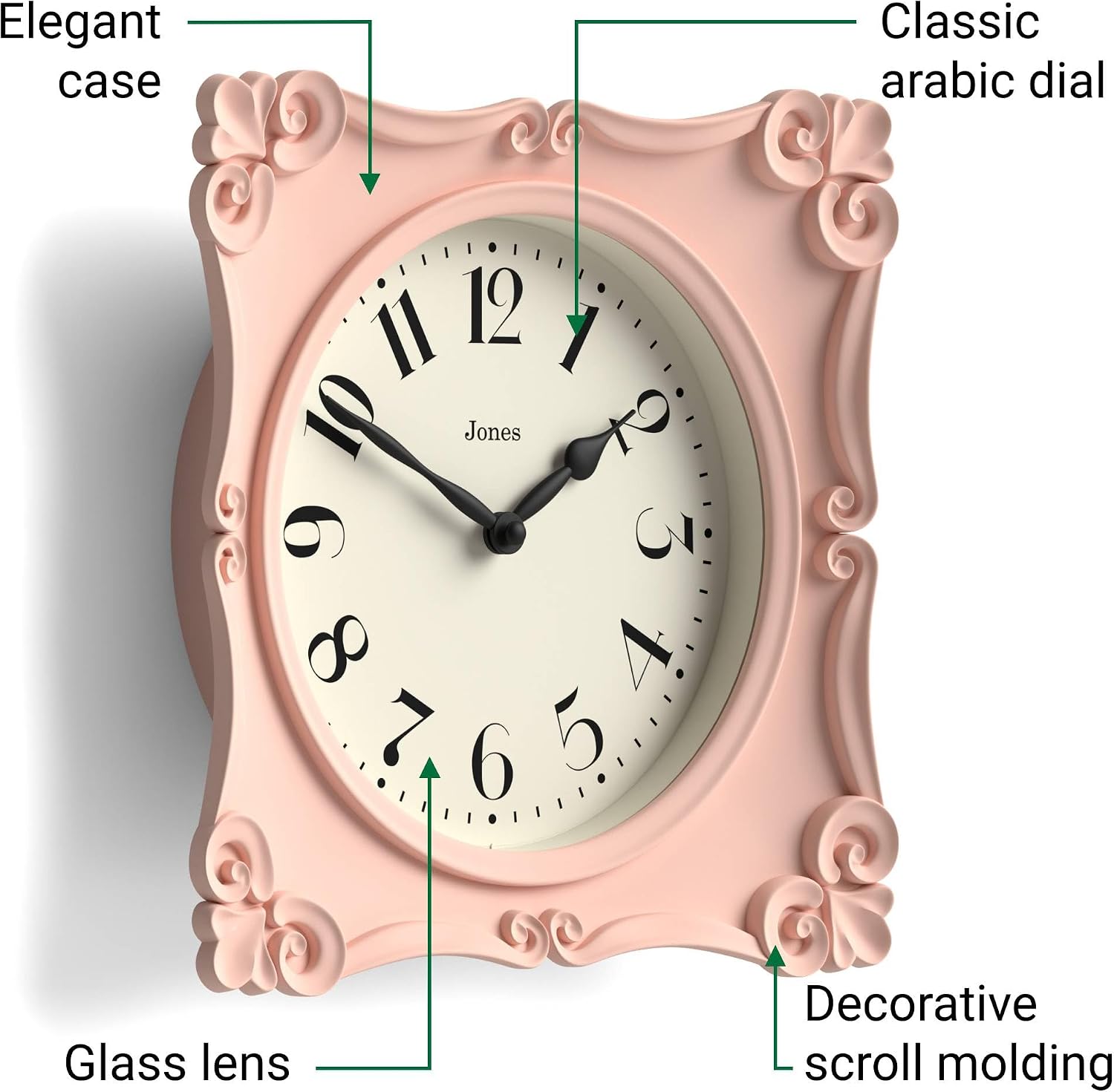 JONES CLOCKS® Rialto Wall Clock | Ornate Vintage Style Square Clock | 10 inch | Pink | Ideal for The Living Room or Bedroom