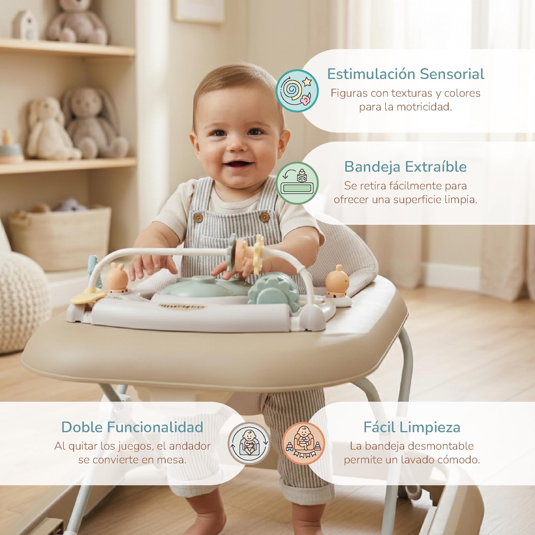 Buddy Baby FUNNY - Deambulatore per bambini + 6 mesi con base antiribaltamento - Include Vassoio con Suoni e Giochi - Pieghevole compatto, altezza regolabile e ruote girevoli a 360° (Sabbia)