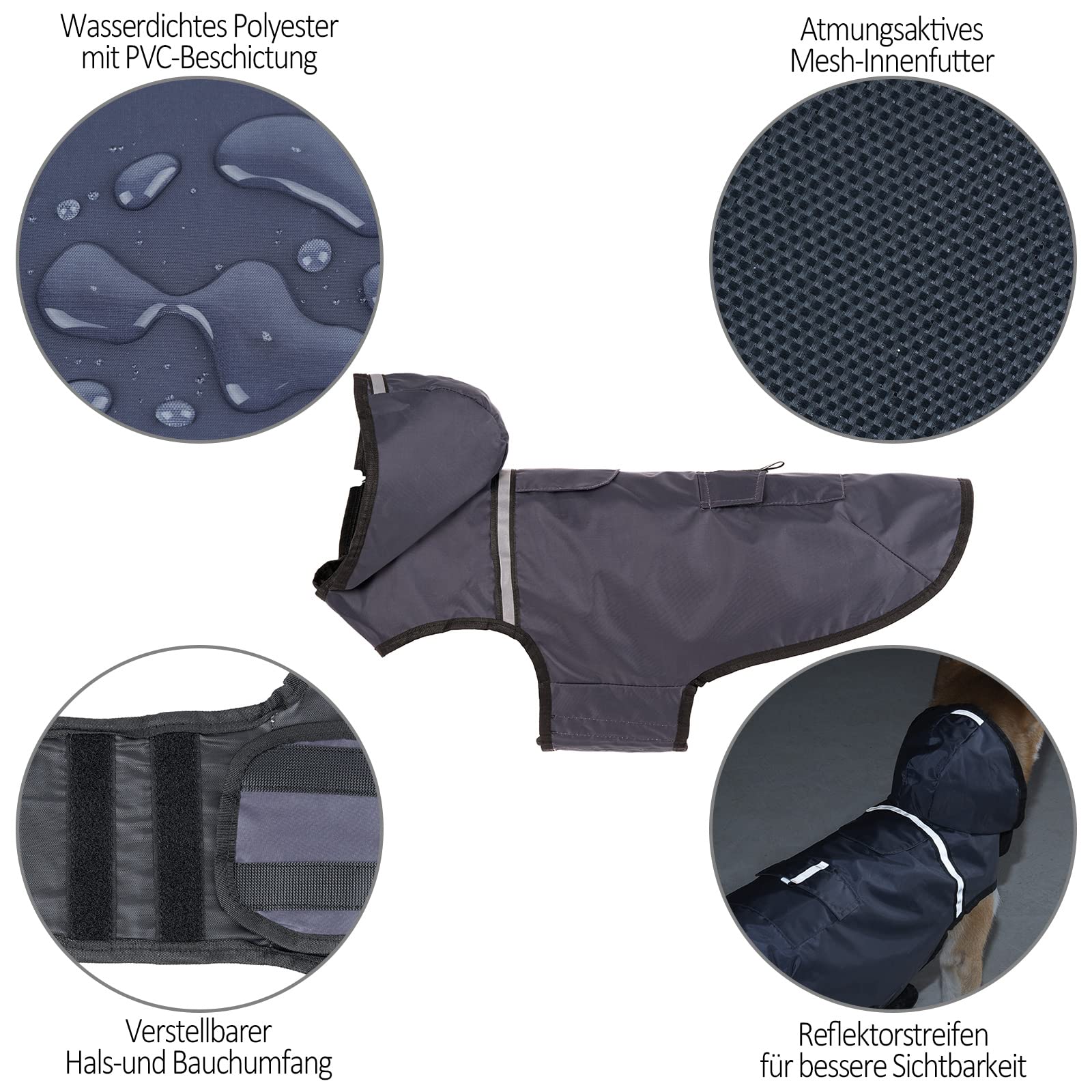 KoKoBin Impermeabile Cane Giacca riflettente per cani con cappuccio Foro del collo con cappuccio Super leggera e traspirante impermeabile per cani di taglia media e grande(Grigio,2XL)