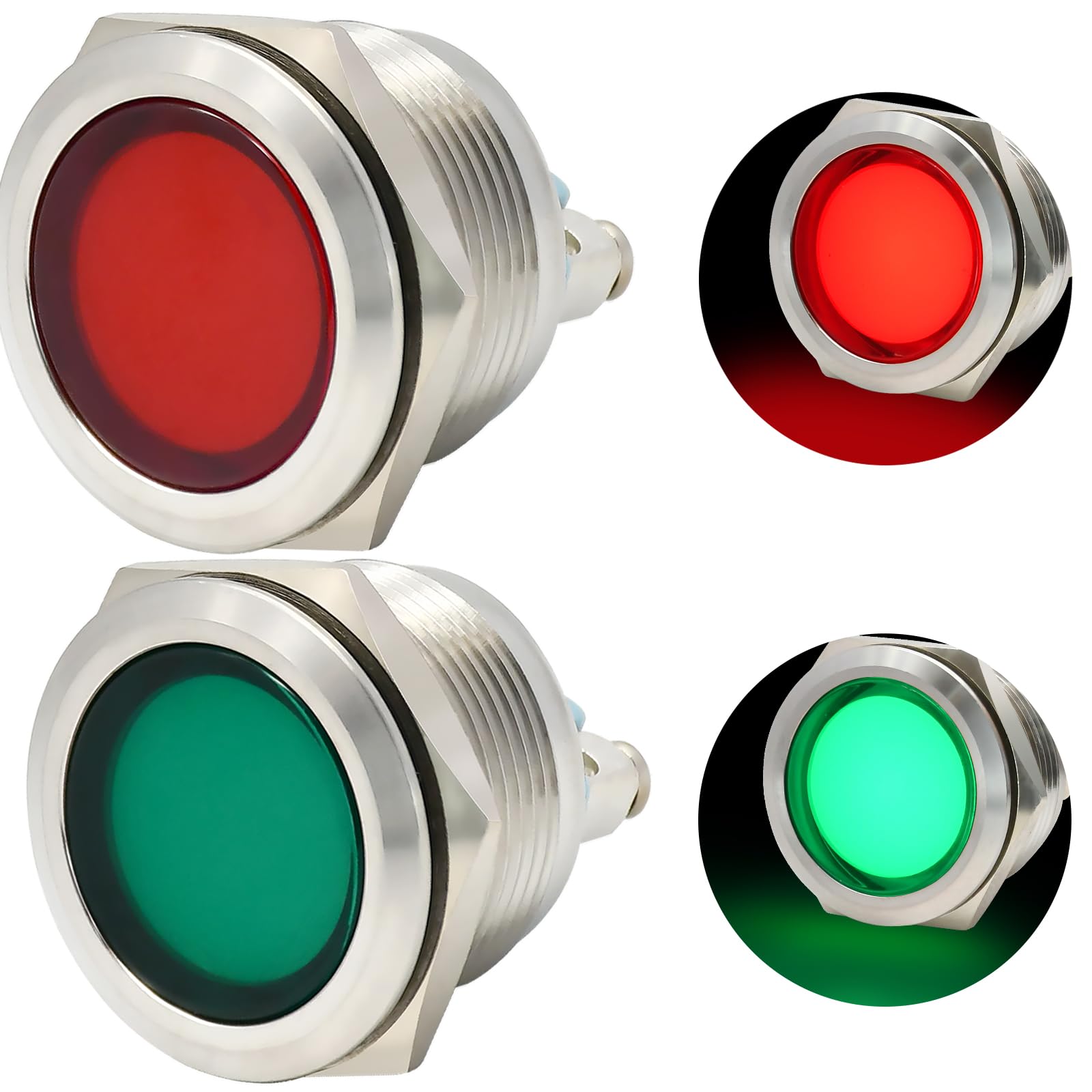 Luz indicadora ZGSZJHF de 22 mm 0,87 pulgadas, resistente al agua IP67, de metal, acero inoxidable 304, lámpara de señal de 12 V, 24 V CC, CA, LED, luz piloto grande, lámpara de tablero, anillo rojo y verde, 2 unidades