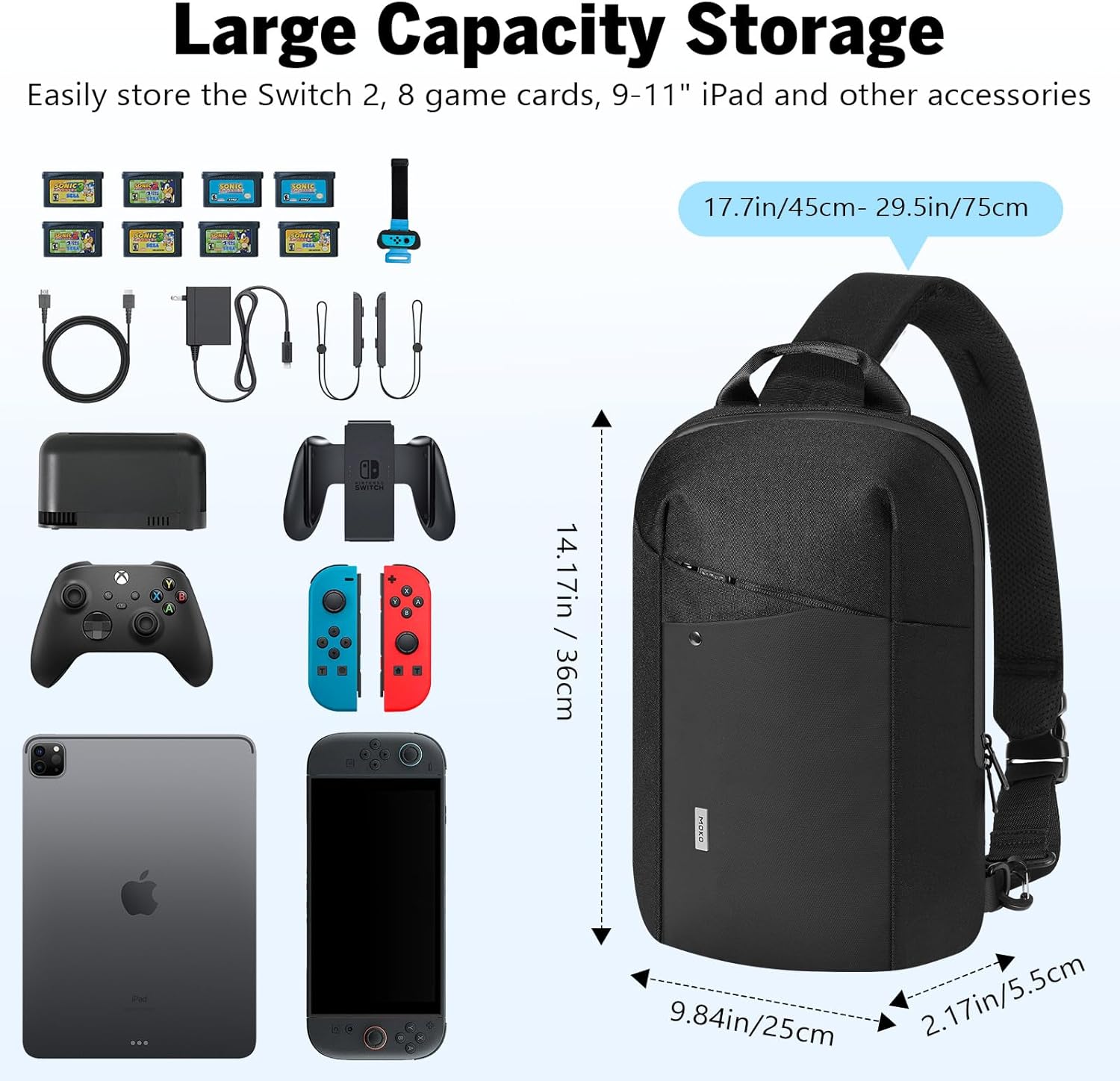 MoKo Sling Crossbody Bag for Switch 2/OLED/Steam Deck/Rog Xbox Ally X/Legion Go S, Protective Travel Chest Carrying Case Gaming Pouch with 8 Game Card Slots, Minimalist Chest Tablet Bag 11", Black - Image 3