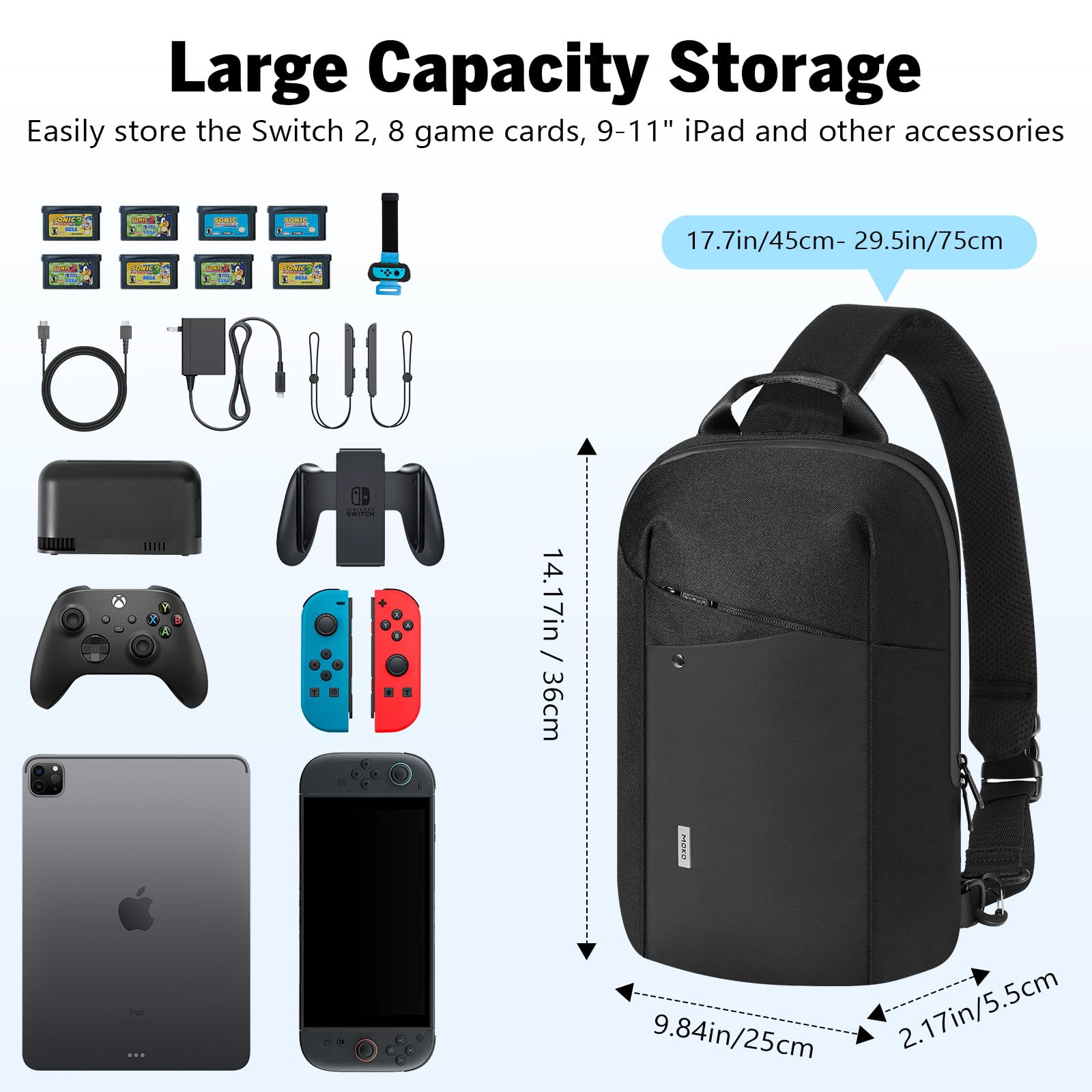 MoKo Sling Umhängetasche für Switch 2/OLED/Steam Deck/Rog Ally X, Reise Schutzhülle Tragetasche mit 8 Spielkartenfächern, Minimalistische Schultertasche Tablet Tasche für iPad Pro/Air 11“, Schwarz