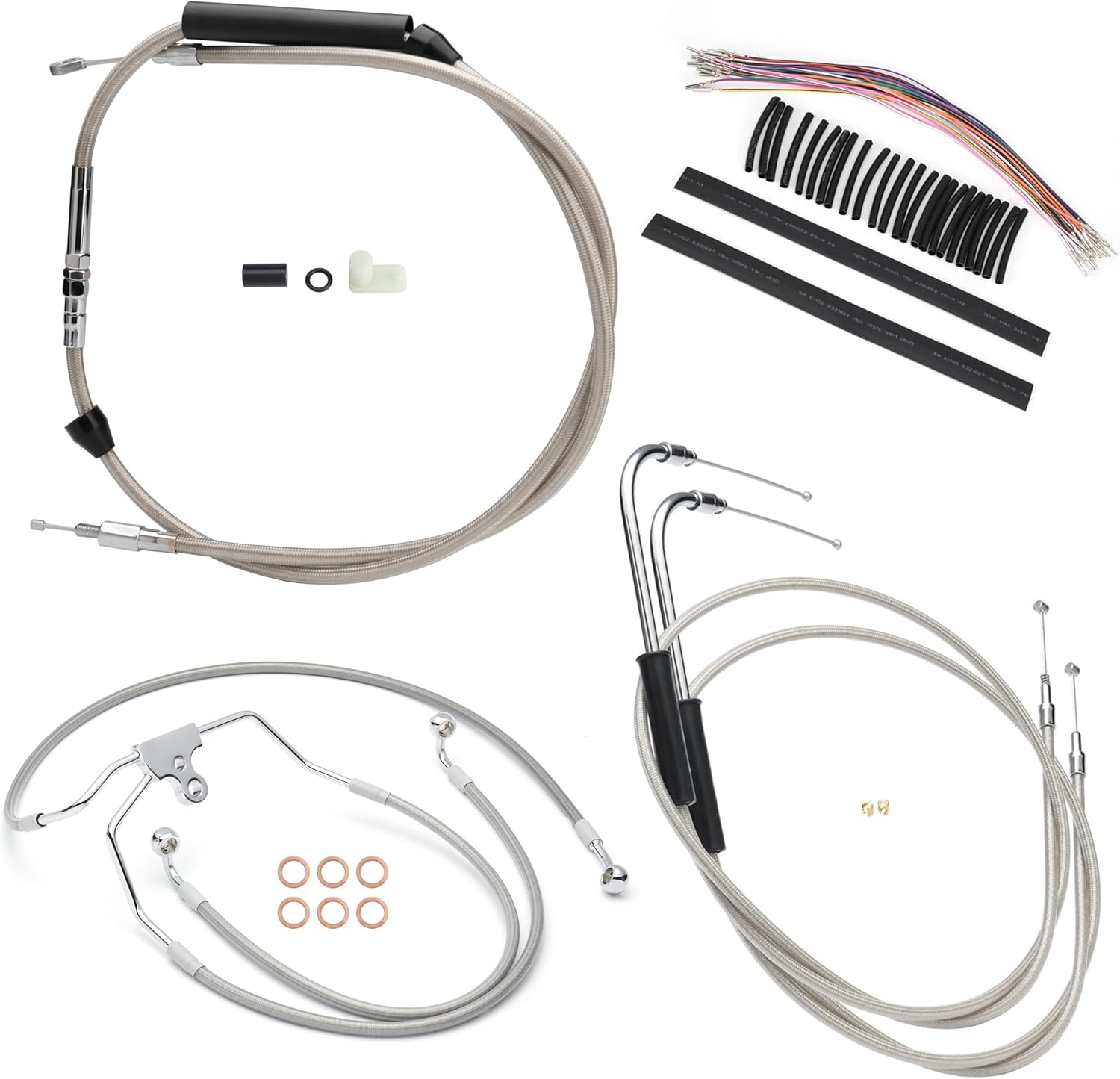 Touring 14" Handlebar Cables Kit (Extended Clutch Cable & Throttle & Idle Cables & Brake Line & CAN-Bus) for Harley 2000-2006 Touring No ABS,Chrome