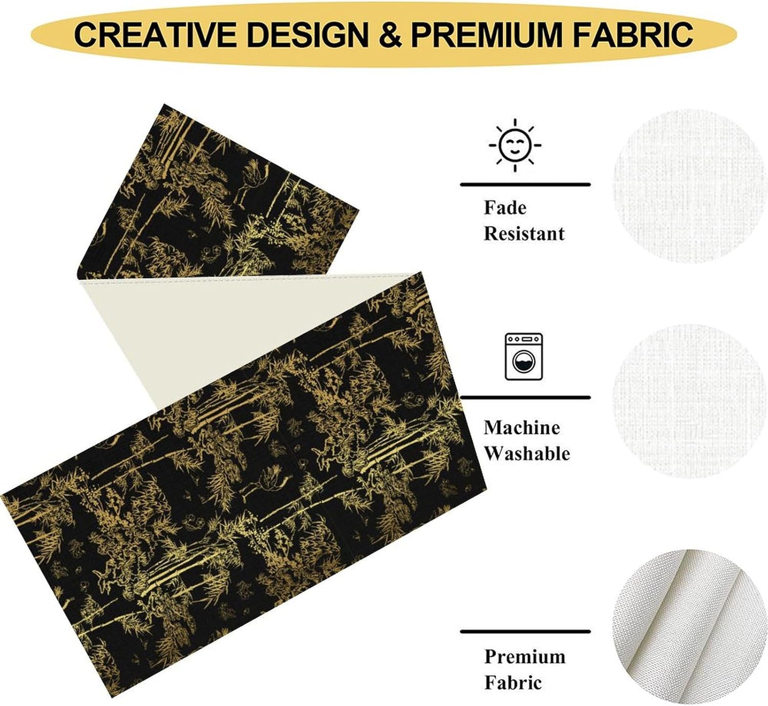 Japanese Table Runner, Black Golden Tree Bamboo Crane Birds Floral Asian Eastern Style Chinoiserie Coffee Table Center Decor for Home Kitchen Dining Outdoor Farmhouse Table Decorations, 13" X 108"