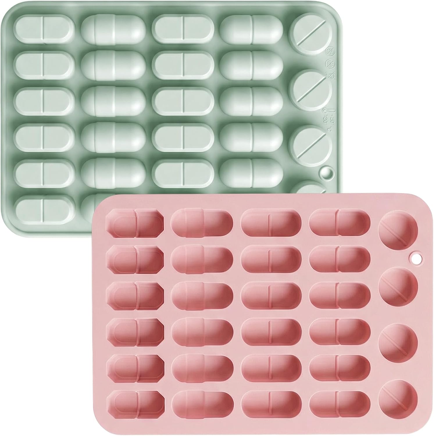 2 Pcs Silicone Pill Mold 5 Size Capsule Shaped Candy Molds Trays Freezing Fillers Presser Maker Cute DIY Fruit Snack Cake Decor for Chocolate Cookies Jellies Gummy Ice Cube