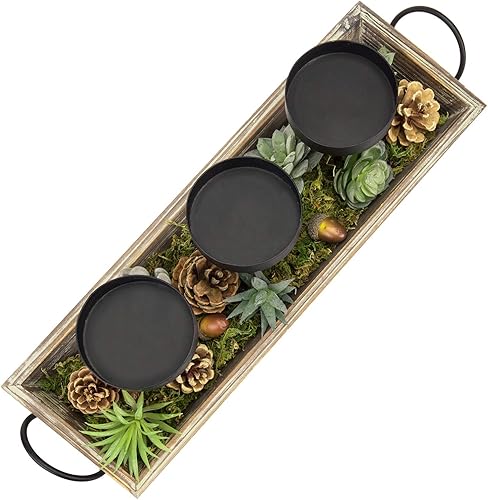 Miniatura 11 de MyGift Portavelas de metal negro de 3 pilares con bandeja de madera rústica y asas, centro de mesa y mantel Madera quemada,Madera Torched