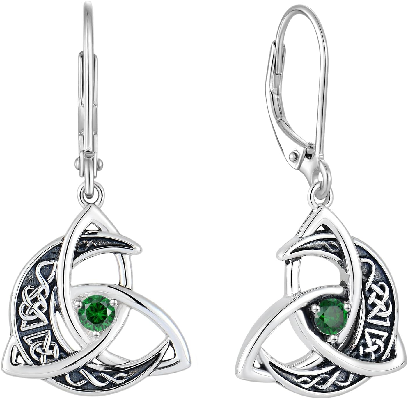 Raymard Trinity Celtic Knot Moon Leverback Earrings for Womens, 925 Sterling Silver Dangle Drop Round Gemstone Earrings, Irish Celtic Jewelry for Women