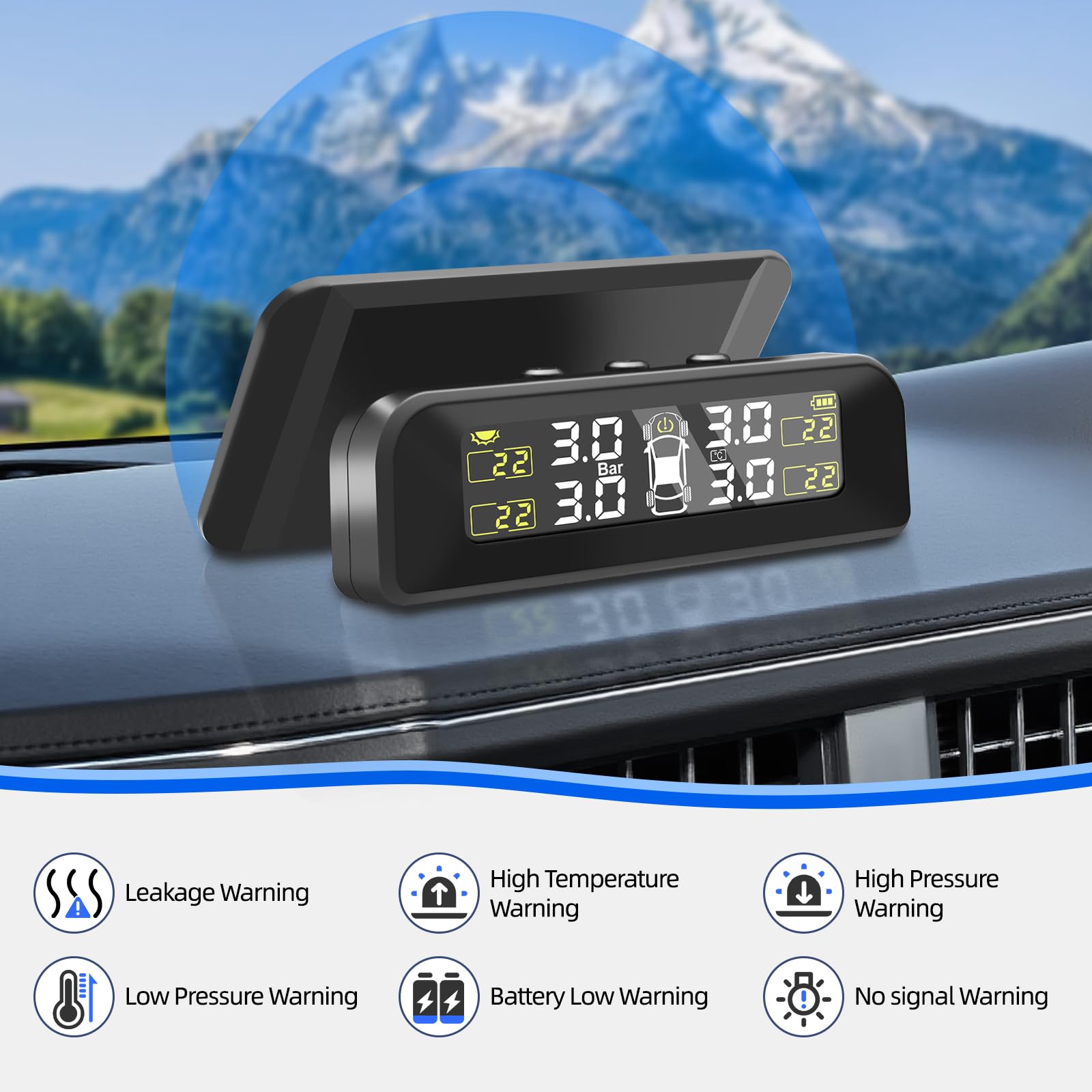 TPMS Sistema Di Monitoraggio Della Pressione Degli Pneumatici Ricarica Solare Senza Fili e USB, 5 Modalità Di Allarme, 4 Sensori Pressione Pneumatici per Auto, SUV, Furgoni