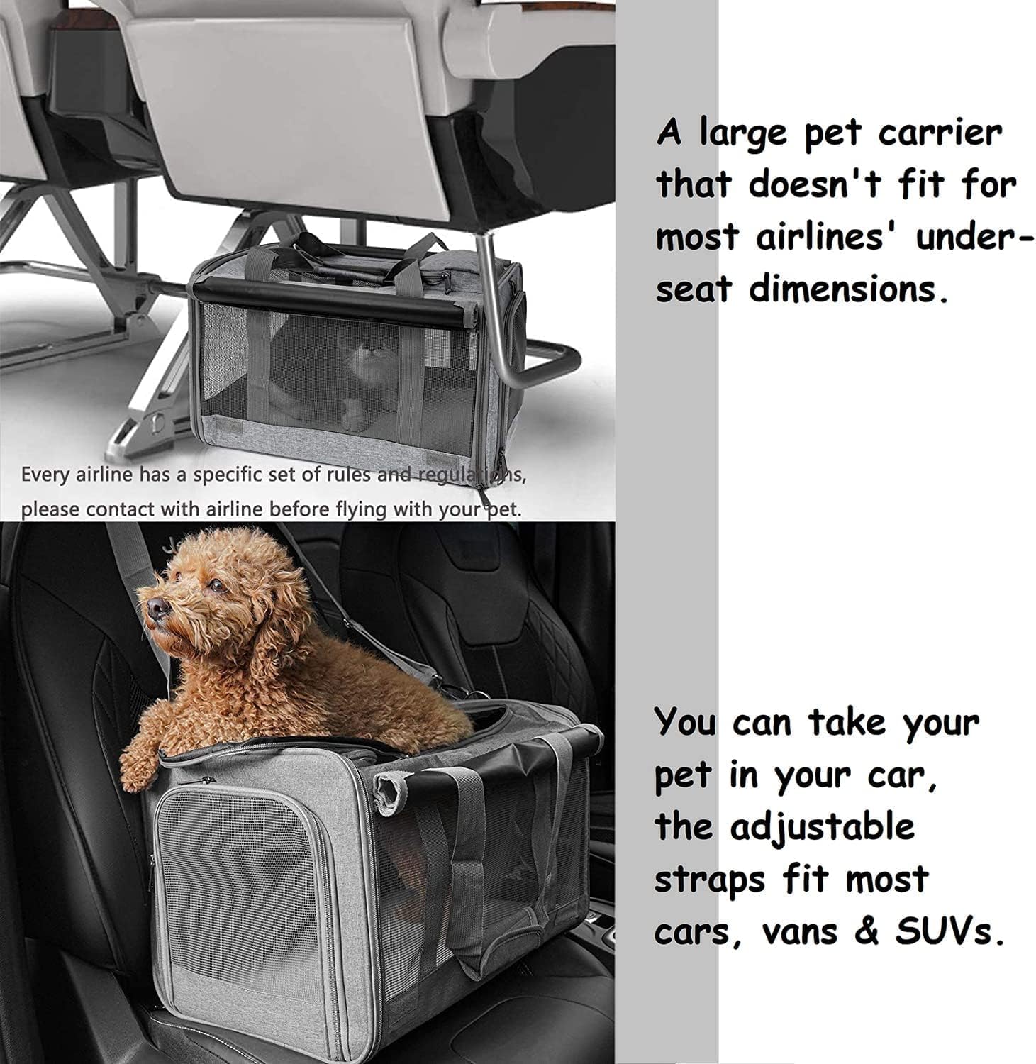 Pet Carrier for Large Cats, Soft-Sided Cat Carrier for Medium Big Cats and Puppy up to 20lbs, Washable Dog Carrier Privacy Protection for Home Outdoor Travel（Large,Grey）