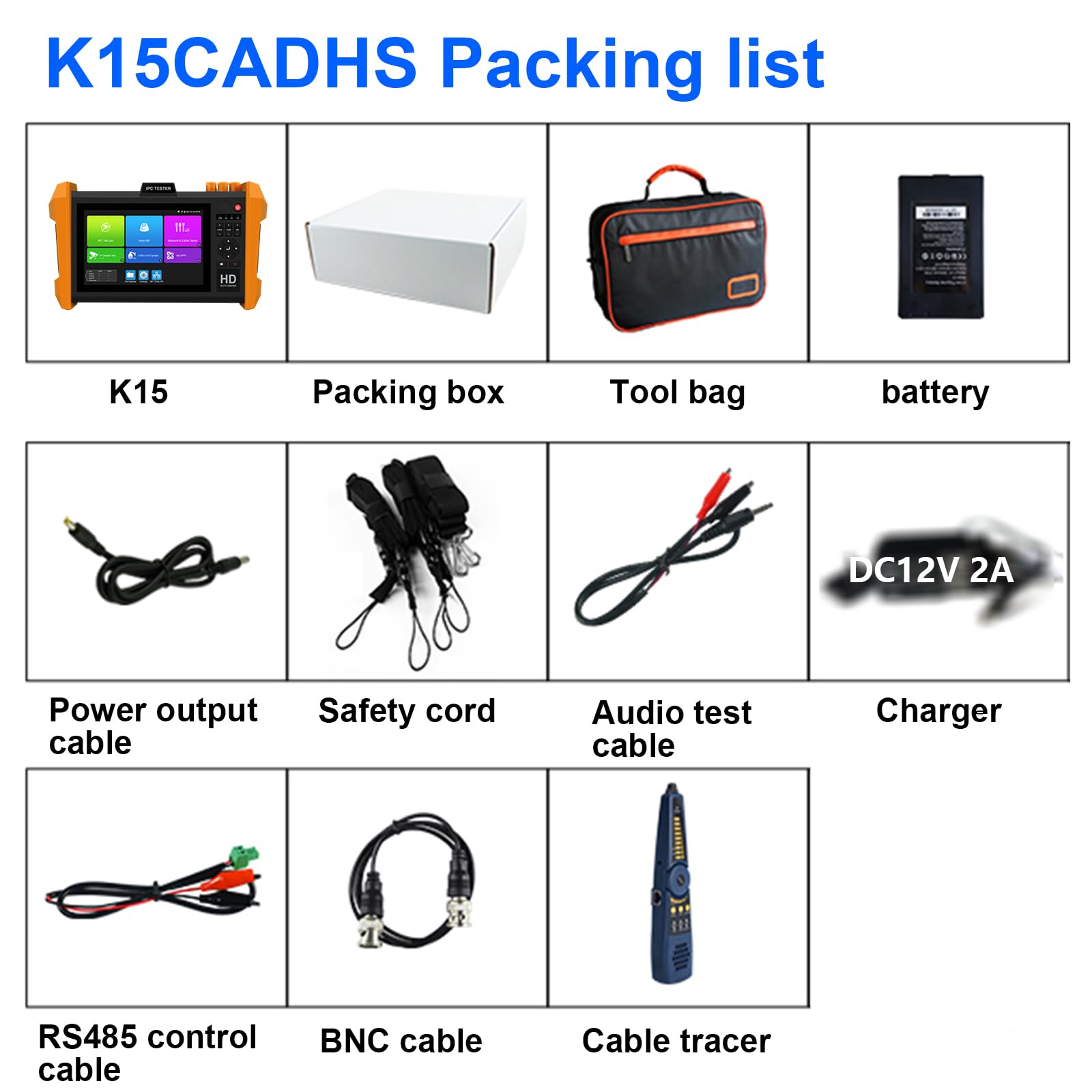 Tester telecamera IP K15-CADHS Tester CCTV 7 pollici IPS touch screen 8K Telecamera IP 8MP AHD CVI TVI SDI Test CVBS VGA e HDMI supporto porte modulo ottiche supporto POE PTZ RS485
