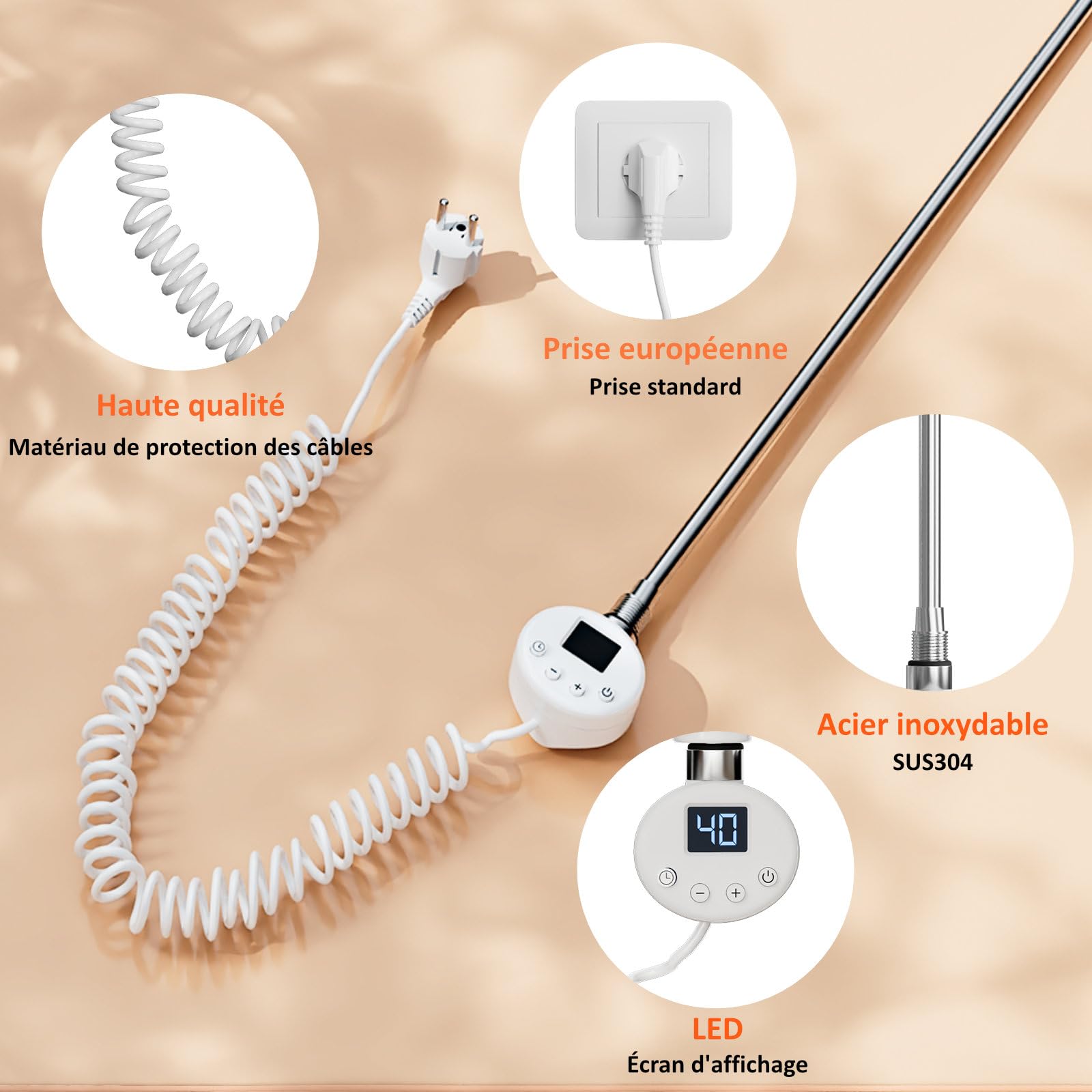 EMKE Résistance pour Radiateur,1200 W,Blanc | Élément Chauffant pour Sèche-Serviette de Salle de Bain avec Contrôleur de Température et Fonction de Synchronisation