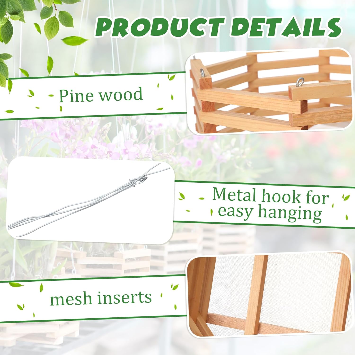 4 Pcs Wooden Orchid Baskets with Hangers for Outdoor Plants, Rustic Handmade Vanda Baskets, Hanging Orchid Planter, 4 Size