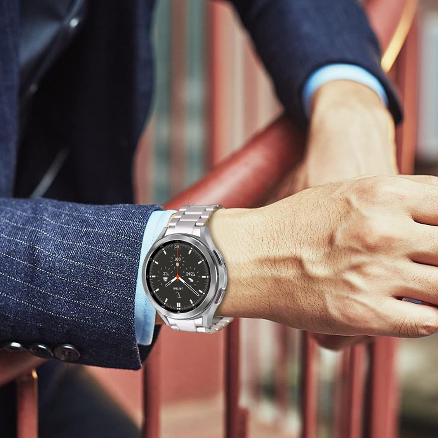 V-MORO No Gap Galaxy Watch 4 Classic Band 46mm Men Solid Stainless Steel Metal Strap Business Replacement for Samsung Galaxy Watch 4 Classic 46mm(2021) Silver