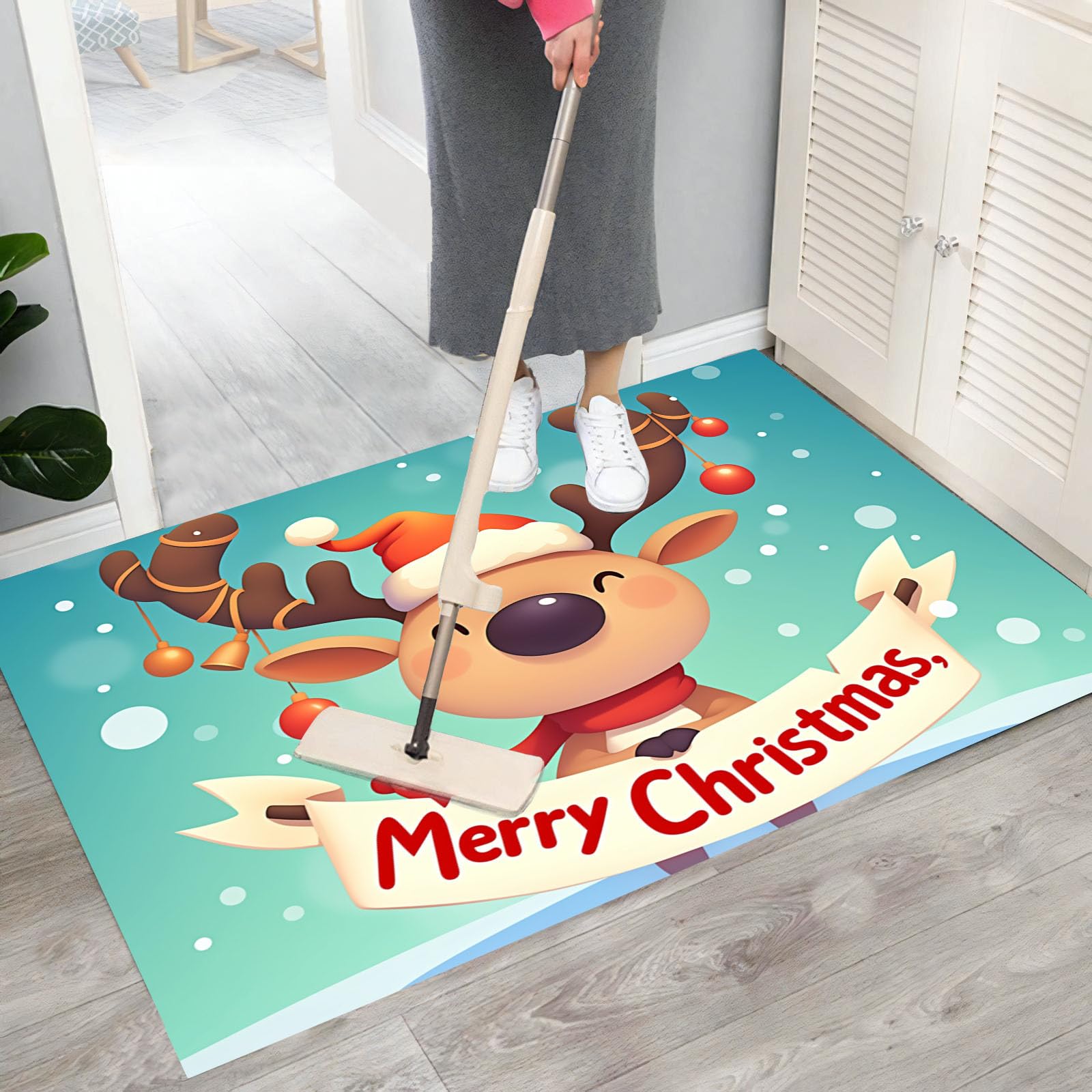 Felpudo Decorativo Navidad, 90X150Cm Alfombra Puerta Lavables Feliz Navidad, Alfombra Reno De Dibujos Animados Antideslizante, Felpudo Entrada Turquesa para Pasillo Salón Baño Cocina