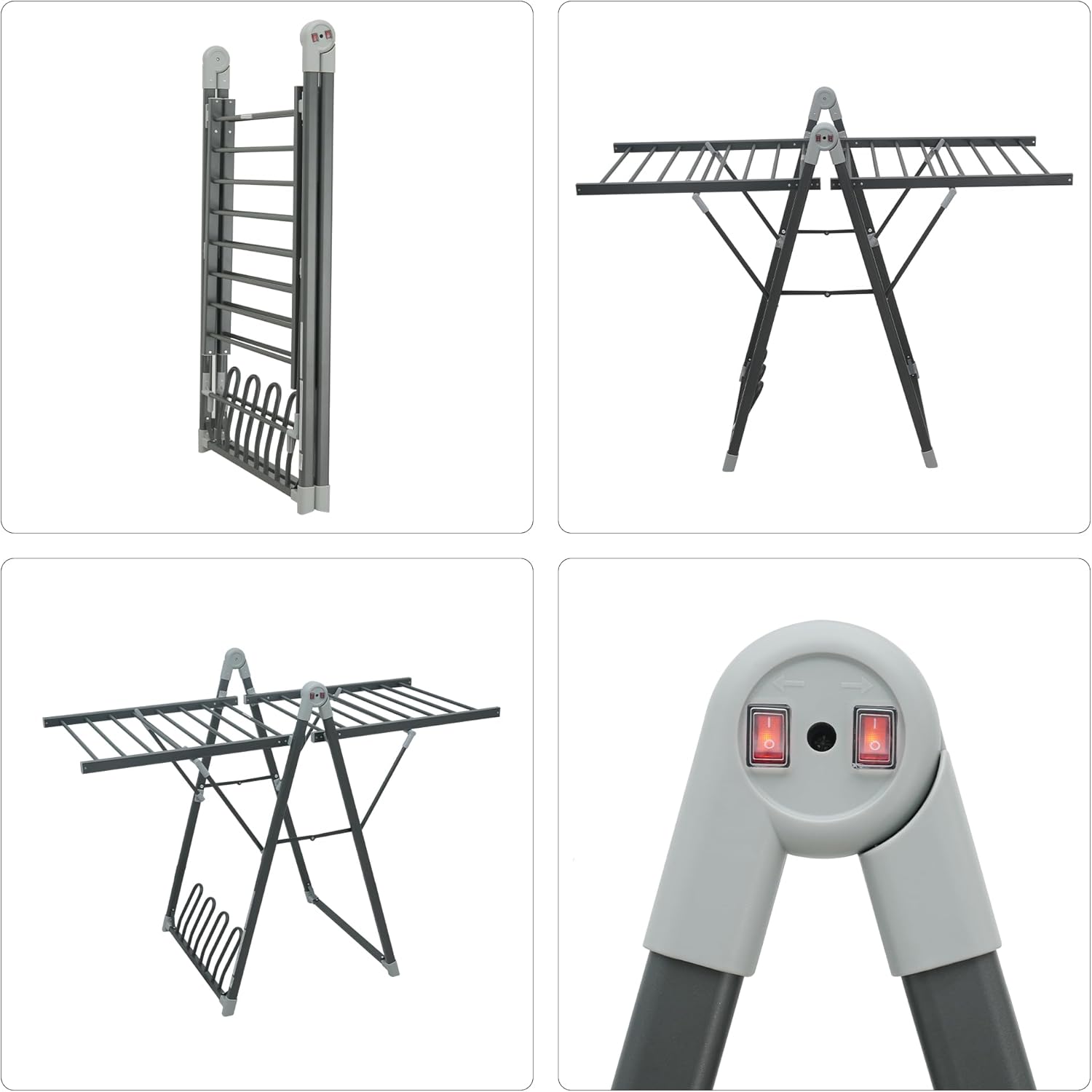 Electric Heating Clothes Drying Rack,Foldable Clothes Drying Rack,Suitable for Drying Clothes, Shoes and Socks.Plug & Play,Space Gray,Aluminum Alloy,One-Click Switch(39.37×52.56×25.98in)