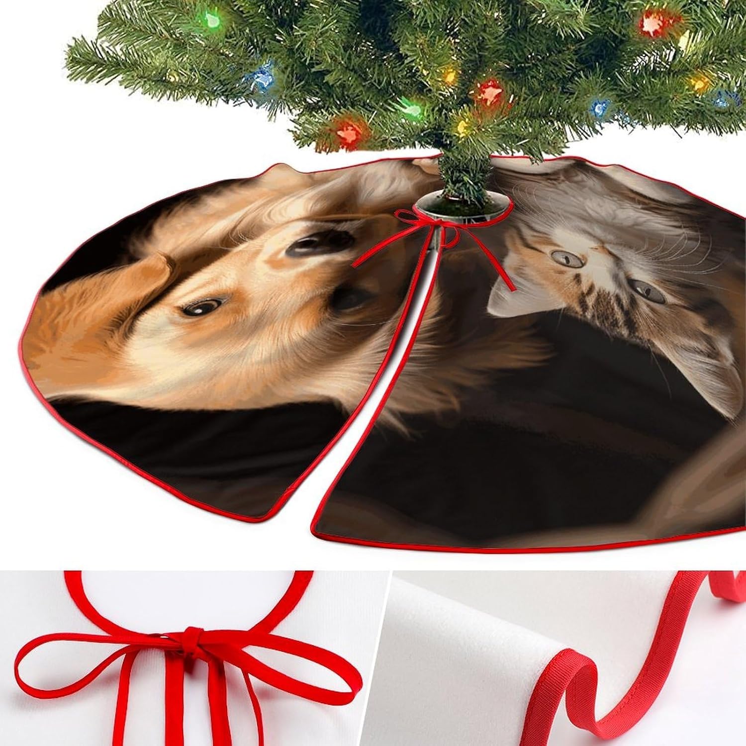 Christmas Tree Skirt,for Xmas Tree Holiday Party Decorations Dog and Cat Printed Christmas Tree Mat Red Lace-up Christmas Tree Dress