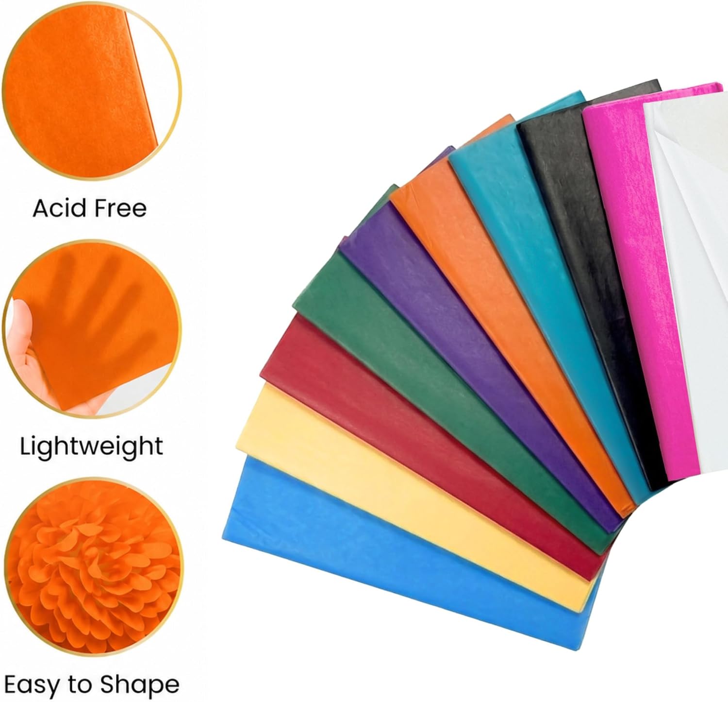 Pack of 10 Assorted Coloured Acid Free 50 x 70cm Tissue Paper Sheets