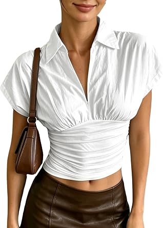 Womens Collar V Neck Ruched Crop Blouse Short Sleeve Crop Shirt Top