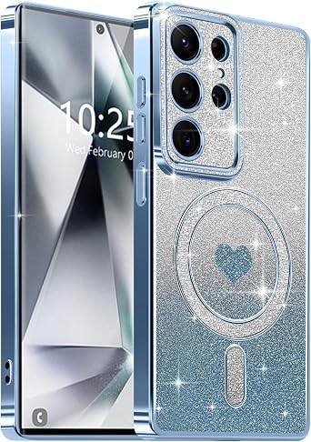 Lafunda Magnetic for Samsung Galaxy S24 Ultra Case Glitter, Blue | Luxury Gold Edge Electroplating Case for Women Girls Men, Bling Silicone Shockproof Camera Protection Soft TPU Bumper Cover