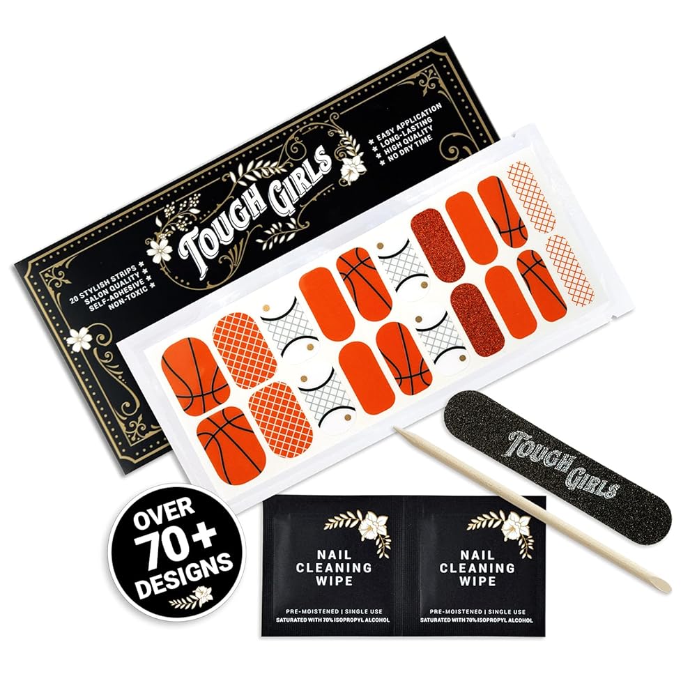 TOUGH GIRLS | 20 Exquisite Gel Nail Polish Strips w/Application Accessories - No UV/LED Lamp Required (Basketball & Orange Glitter)