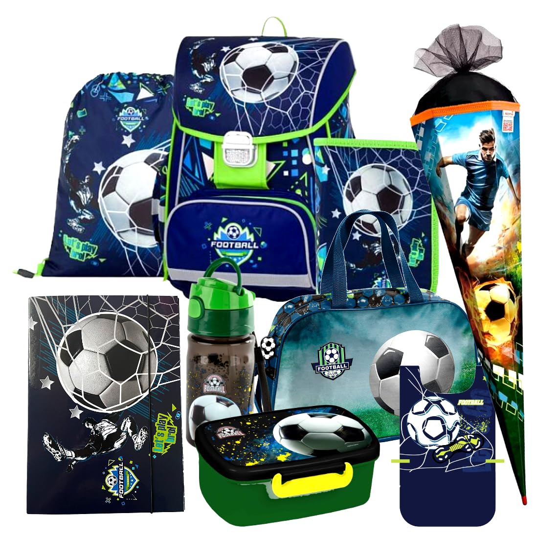 Fussball Fußball Football Schulranzen Tornister Schulrucksack Tasche blau Ranzen Rucksack Set 9 Teile Federmappe Schultüte 85 cm mit Sticker-von-Kids4shop