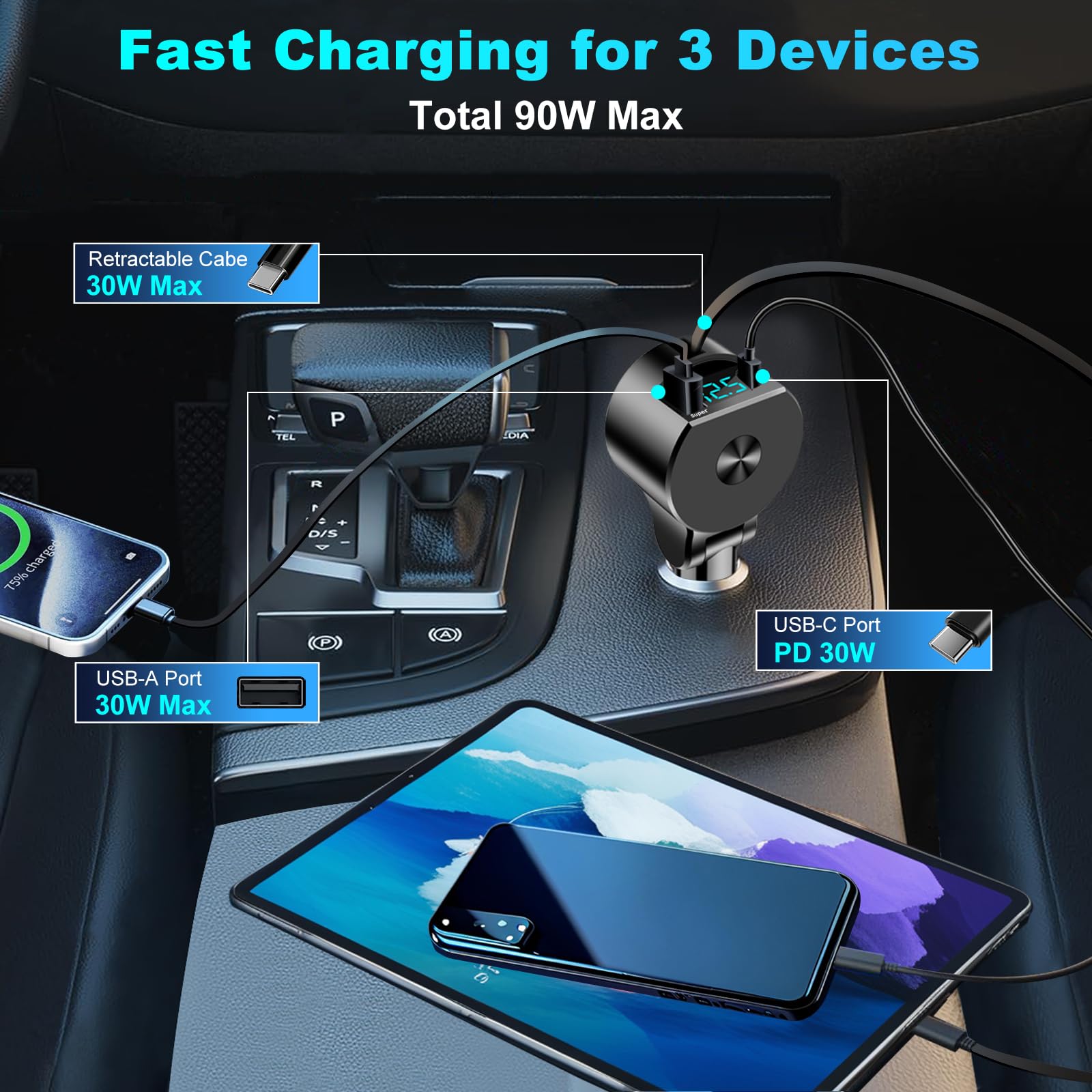 Retractable USB C Car Charger, PD 30W Type C Fast Car Charger Compatible with iPhone 16 Pro Max Plus 15 14 13 XS Samsung GPS