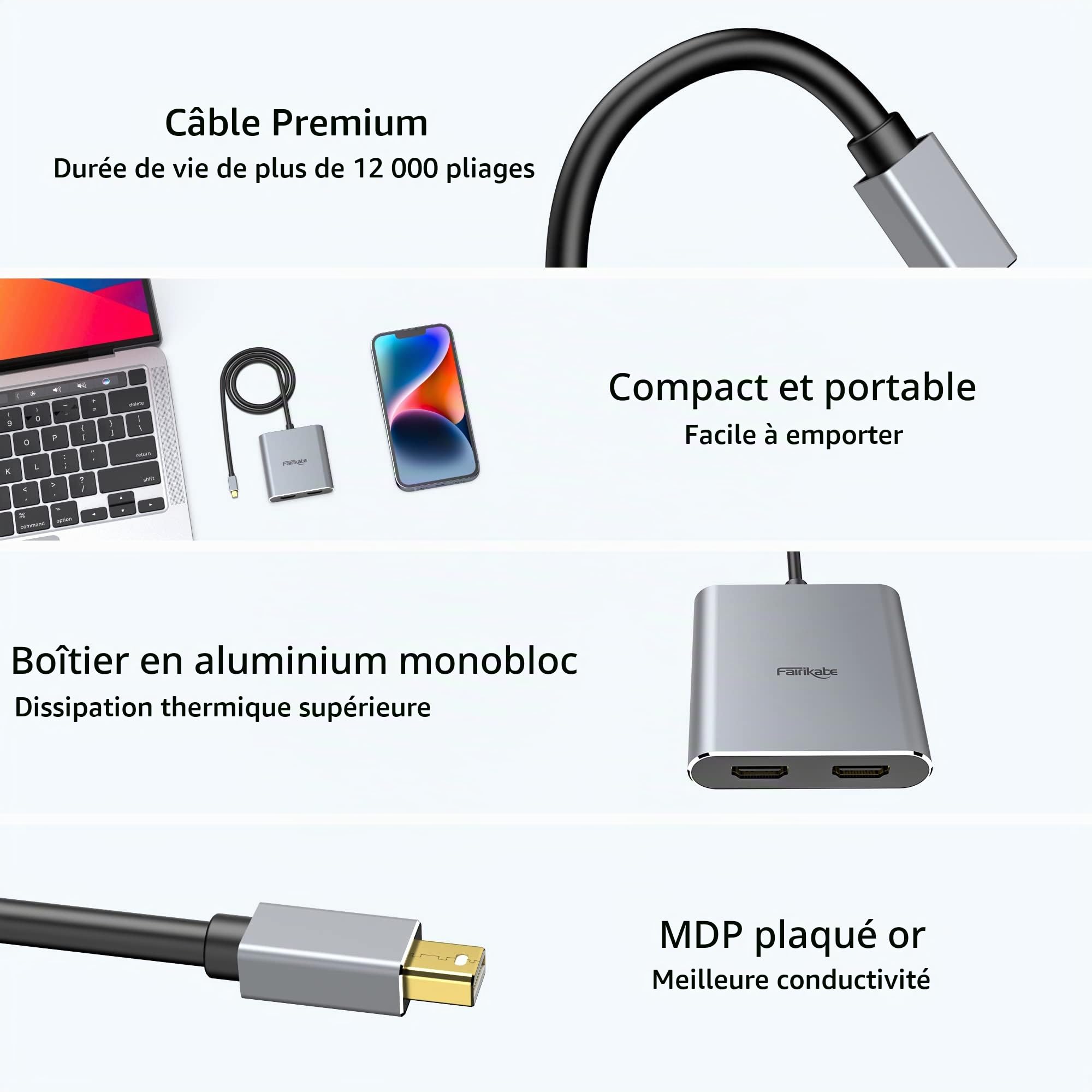 Mini Displayport vers Double HDMI, Répartiteur MDP 1.2 vers Deux HDMI pour écrans étendus, Prise en Charge du concentrateur 4K @ 60Hz, MST, SST, pour Ordinateur Portable, PC, Moniteur, projecteur