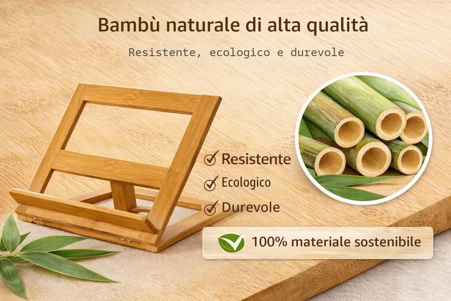 DAMDAM GO | Supporto di lettura regolabile legno Leggio regolabile in bambù naturale – Supporto per libri, ricette di cucina, tablet e iPad – Leggio pieghevole con 5 angoli regolabili