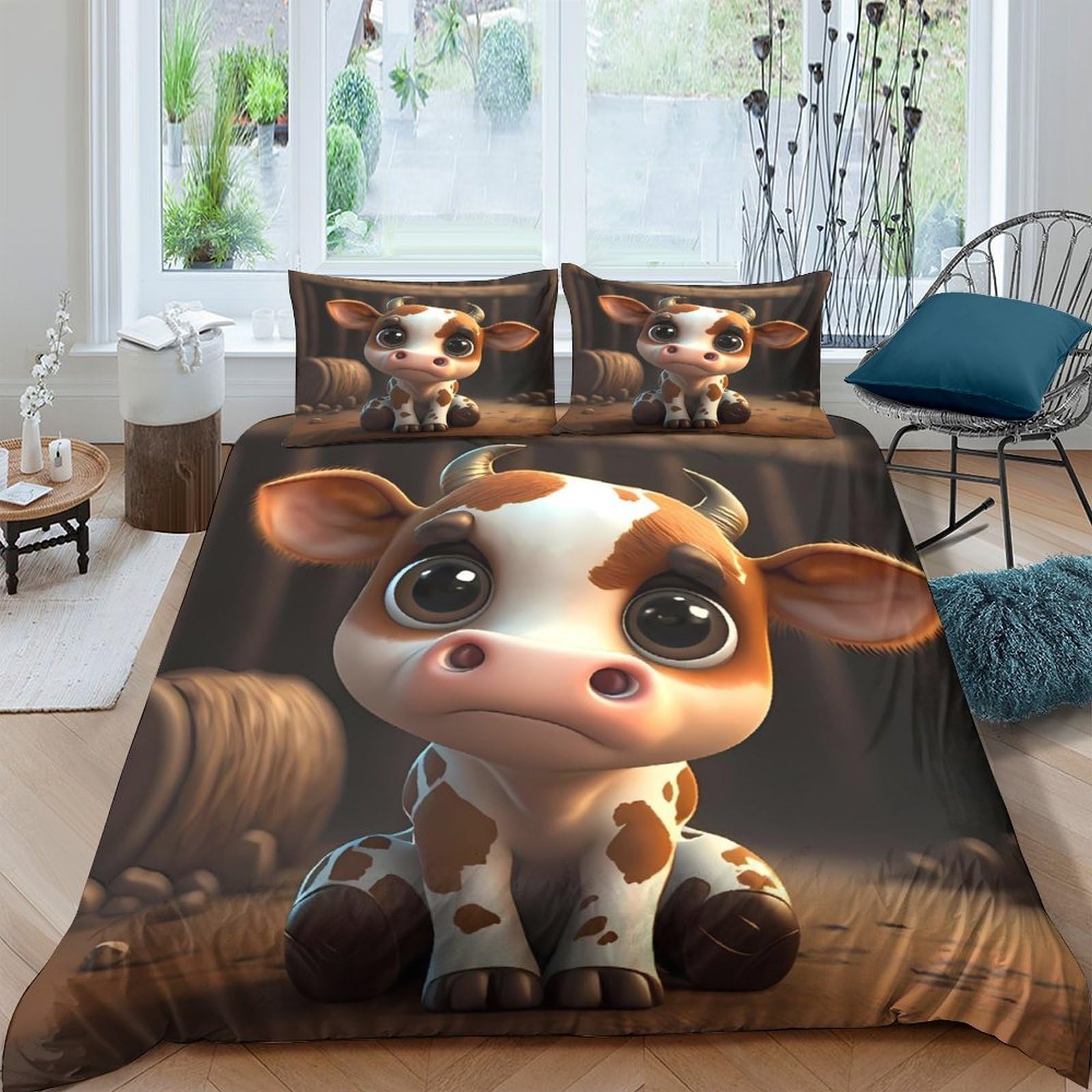 Ctjqhvkz Style-2 3D Printed Cute Cow Fitted Sheet Microfiber Soft Cartoon Animal Bed Cover Rustic Farmhouse Mattress Decor Single（135X200cm）