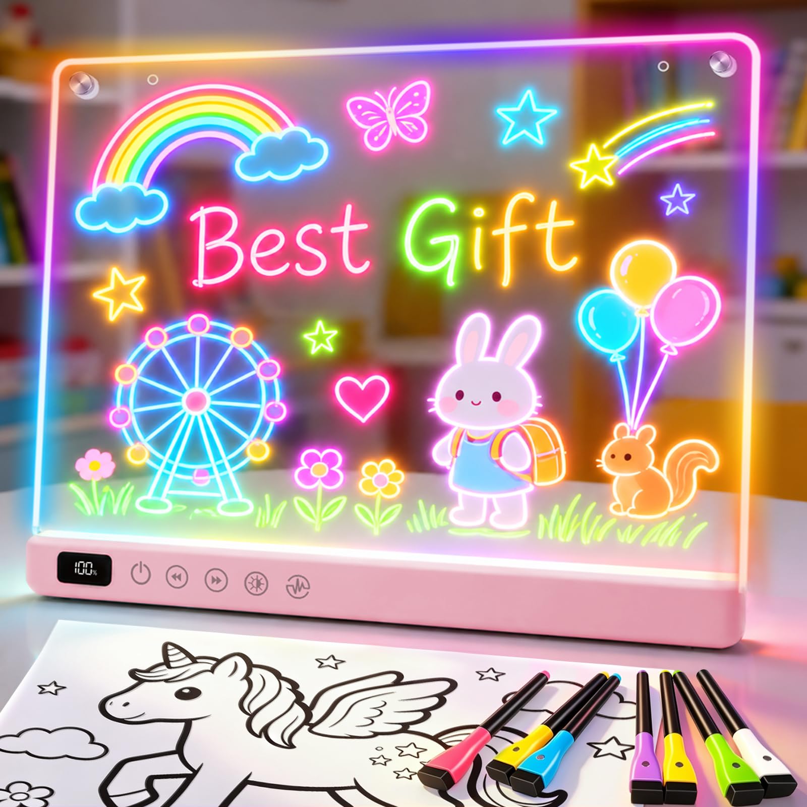 16" Rechargeable Led Drawing Board for Kids with 13 Light Effect, Glow Doodle Acrylic Dry Erase Board-Built-in Stand, Light Up Drawing Tablet for Kids, Gifts for Girls/Teen, 7 Markers(Pink)