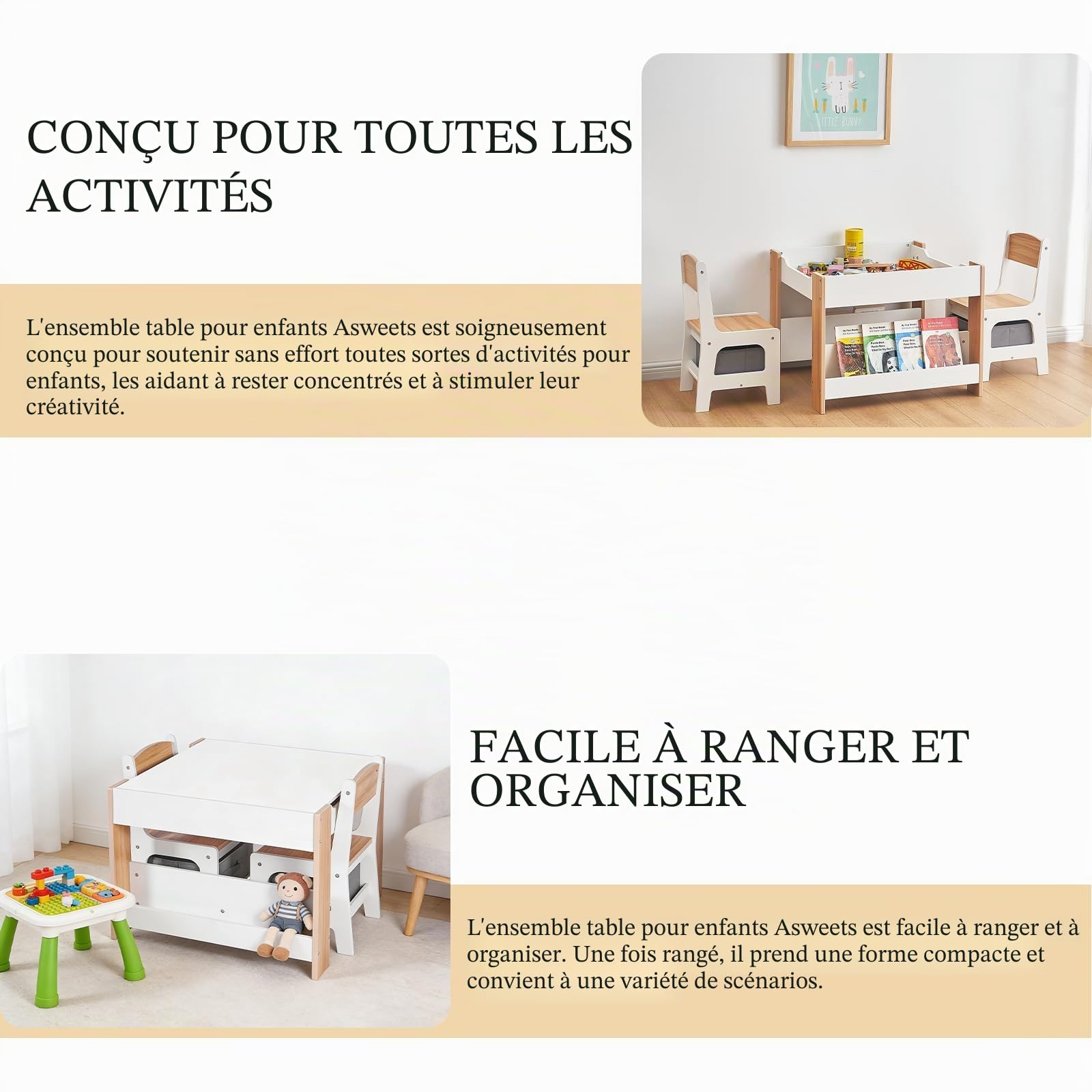 Asweets Ensemble Table et Chaises pour Enfants, Bureau 4 en 1 avec Tiroir De Rangement, Table d'Activités en Bois pour Plateau Amovible 2 en 1, avec Bibliothèque