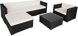 TecTake 800806 Set di Mobile di Rattan Sintettico, 2X Sedie 2X Panche Sgabello Tavolo con Piastra di Vetro Cuscino, Resistente ai Raggi UV, Arredamento da Giardino (Nero)