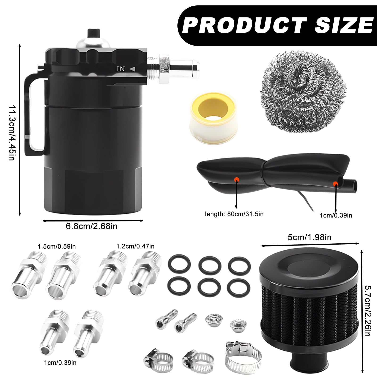 PORFOYO Collecteur d'huile en aluminium 300 ml avec filtre à air, séparateur d'huile avec filtre à air et accessoires, réservoir de voiture, réservoir d'huile pour moteurs de course turbo, noir