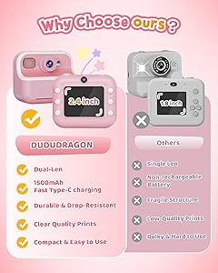 Instant Camera, Front Rear Dual Selfie Kids Camera with 1080P Videos, Holiday Birthday Gifts for Kids Age 3-12, Toddler Portable Travel Print Digital Camera Toy for 4 5 6 7 8 9 Year Boys Girls