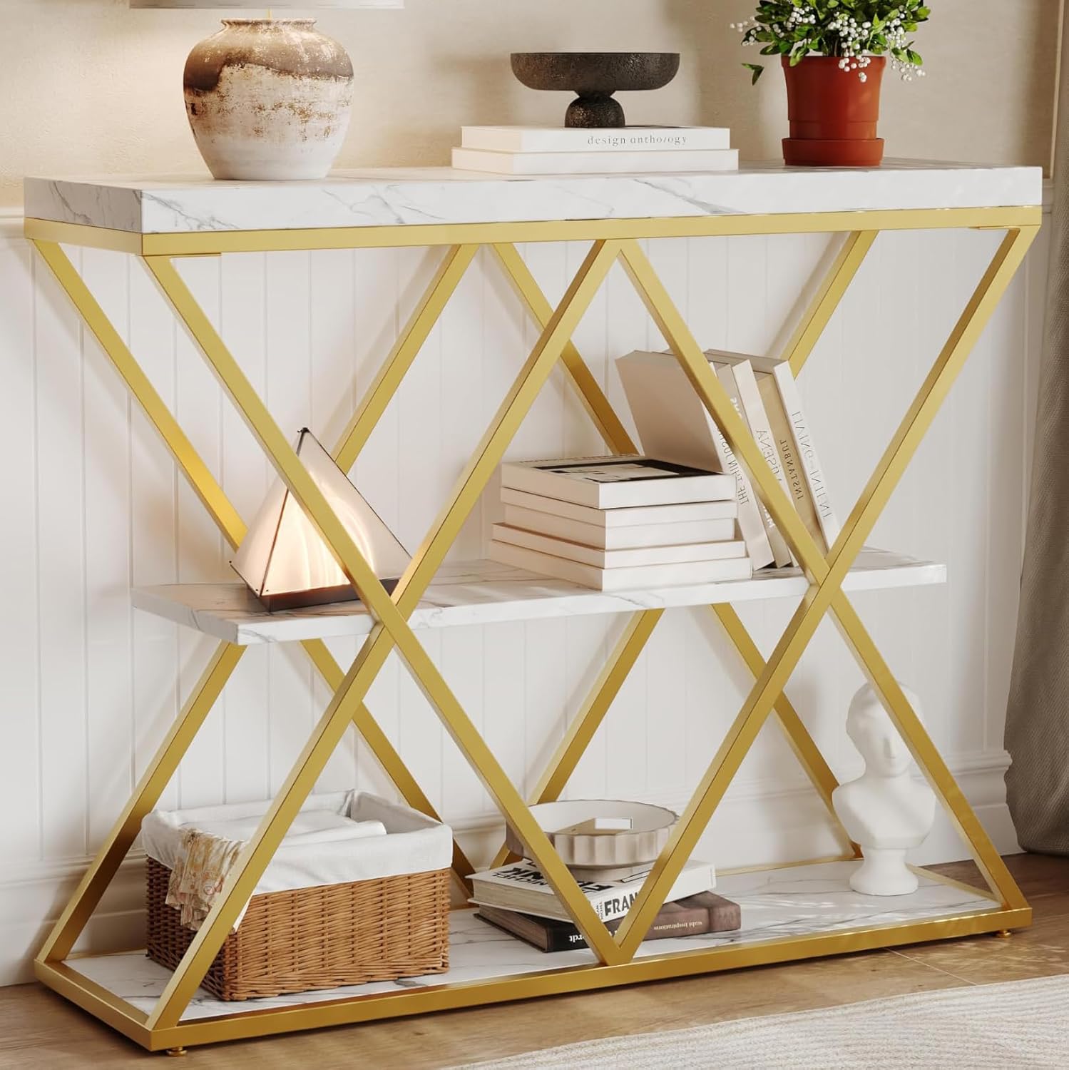 Garvee 3-Tier Entryway Table, Industrial Console Sofa Table with Storage, Accent Table with Open Shelves, X-Shaped Gold Metal Frame, Foyer Table for Entryway, Hallway, Foyer, Living Room, White