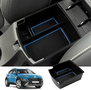 SKTU for 2018 2019 2020 2021 2022 2023 Hyundai Kona Center Console Organizer Insert ABS Black Materials Tray Armrest Box Glove Secondary Storage Box with Coin and Glass Holder Blue