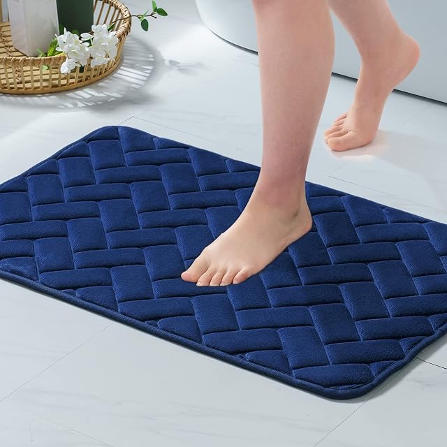 MIULEE Bath Mats Soft Thick Absorbent Shower Mat Memory Foam Anti Slip Bathroom Rug Door Mat Inside Kitchen Rugs Carpet Washable for Bedroom Kitchen Entrance 17x24 Inch 40x60cm Navy Blue