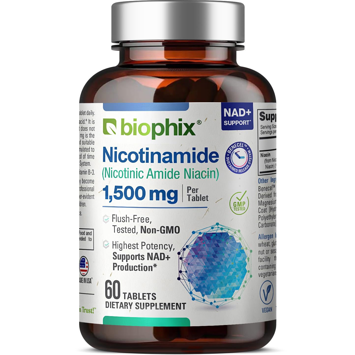 biophix B-3 Nicotinamide 1500 mg 60 Tablets Maximum Strength - Nicotinic Amide Niacin Natural Flush-Free Vitamin Formula - Supports Skin Cell Health